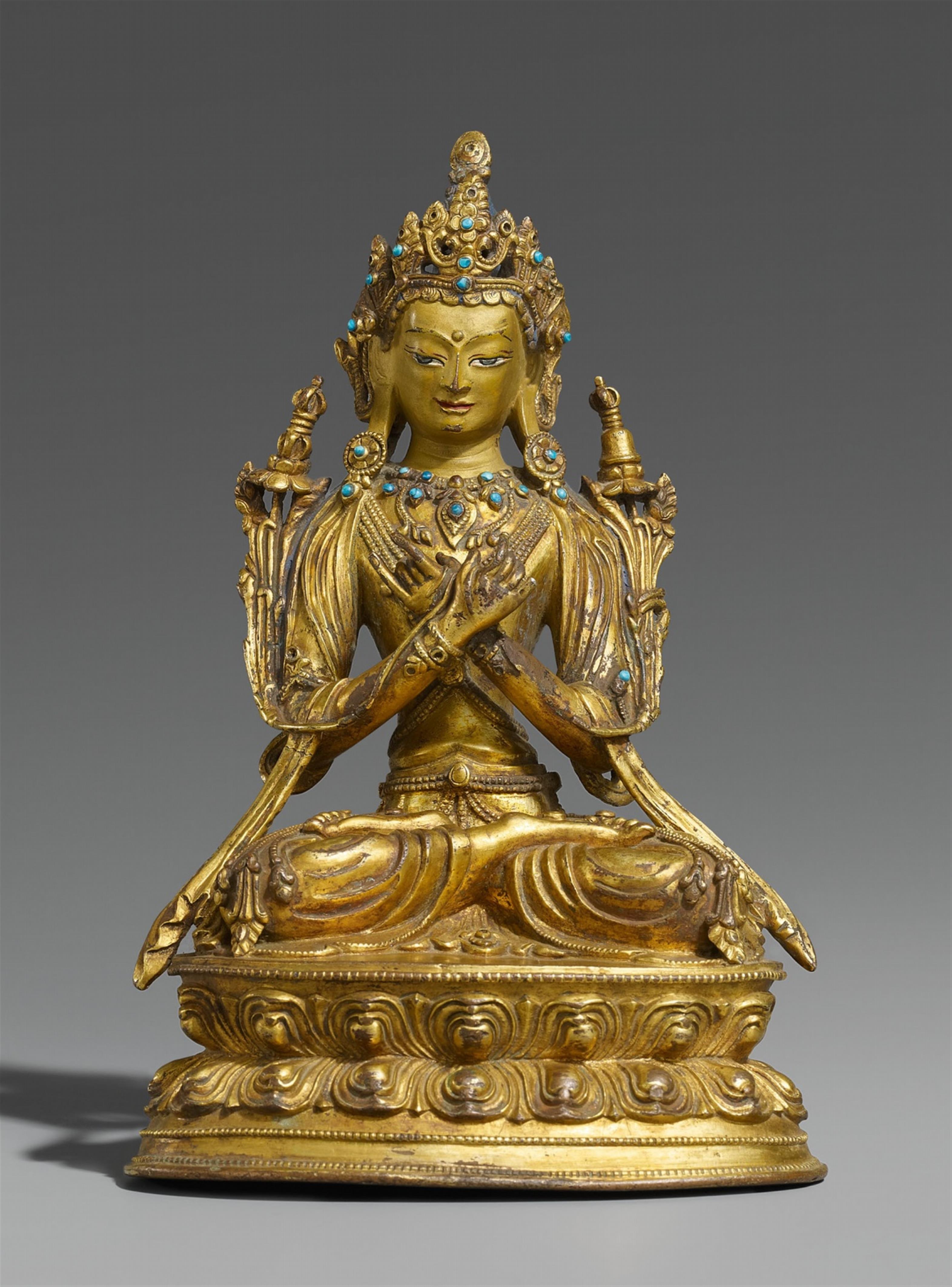 A Tibetan gilt bronze figure of Vajradhara. Probably 15th/16th century - image-1