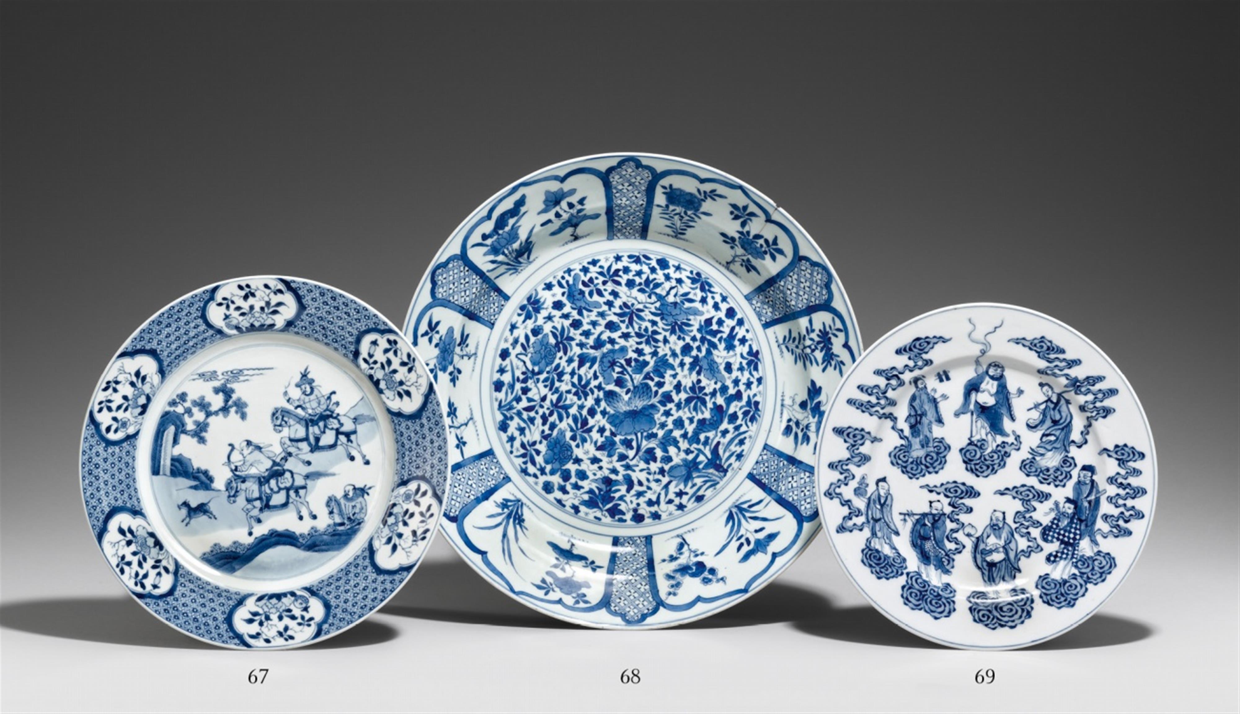 Six blue and white hunting plates. 18./19.th century - image-1