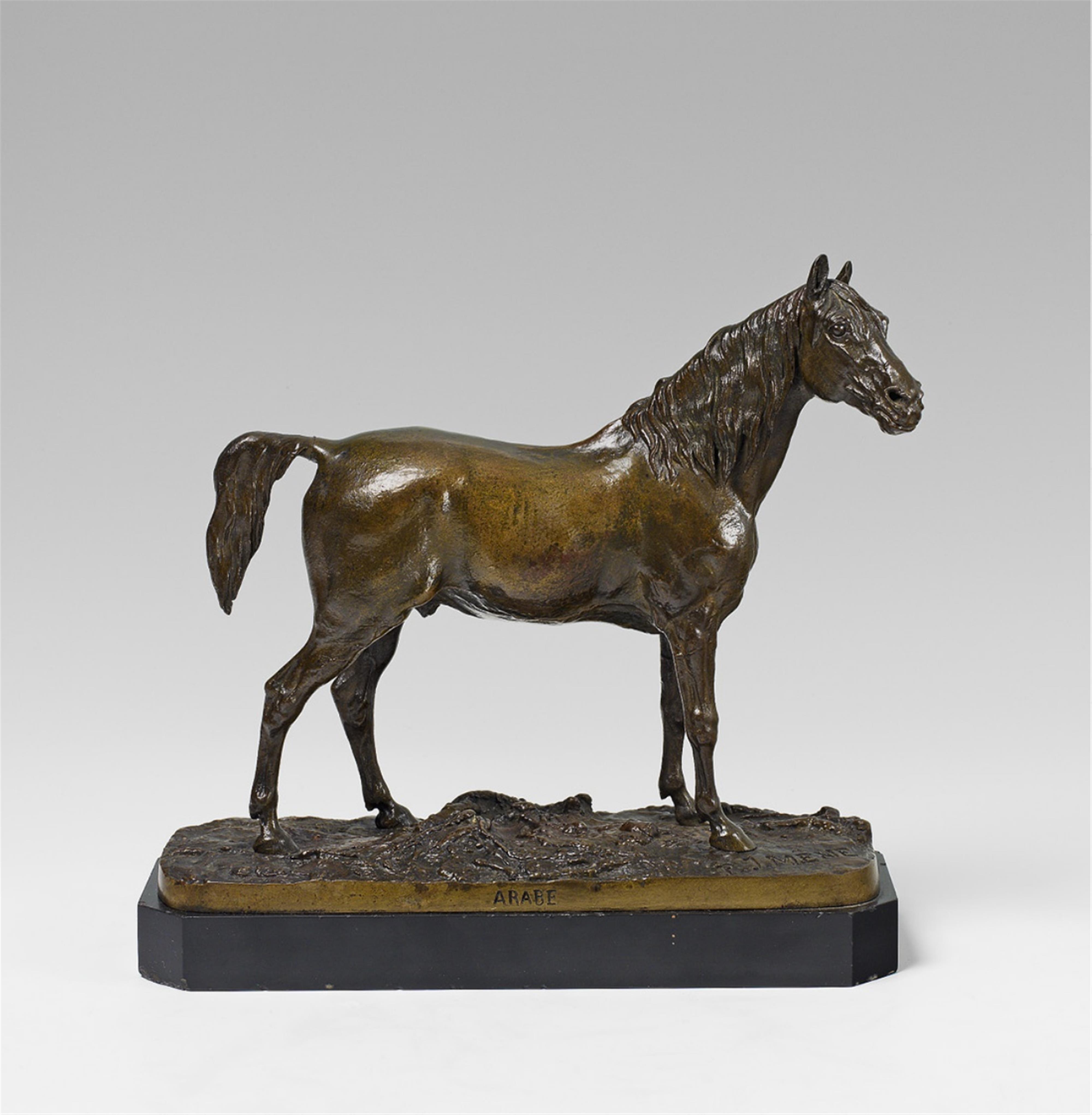 A gold brown patinated bronze model of an Arabian stallion. - image-1