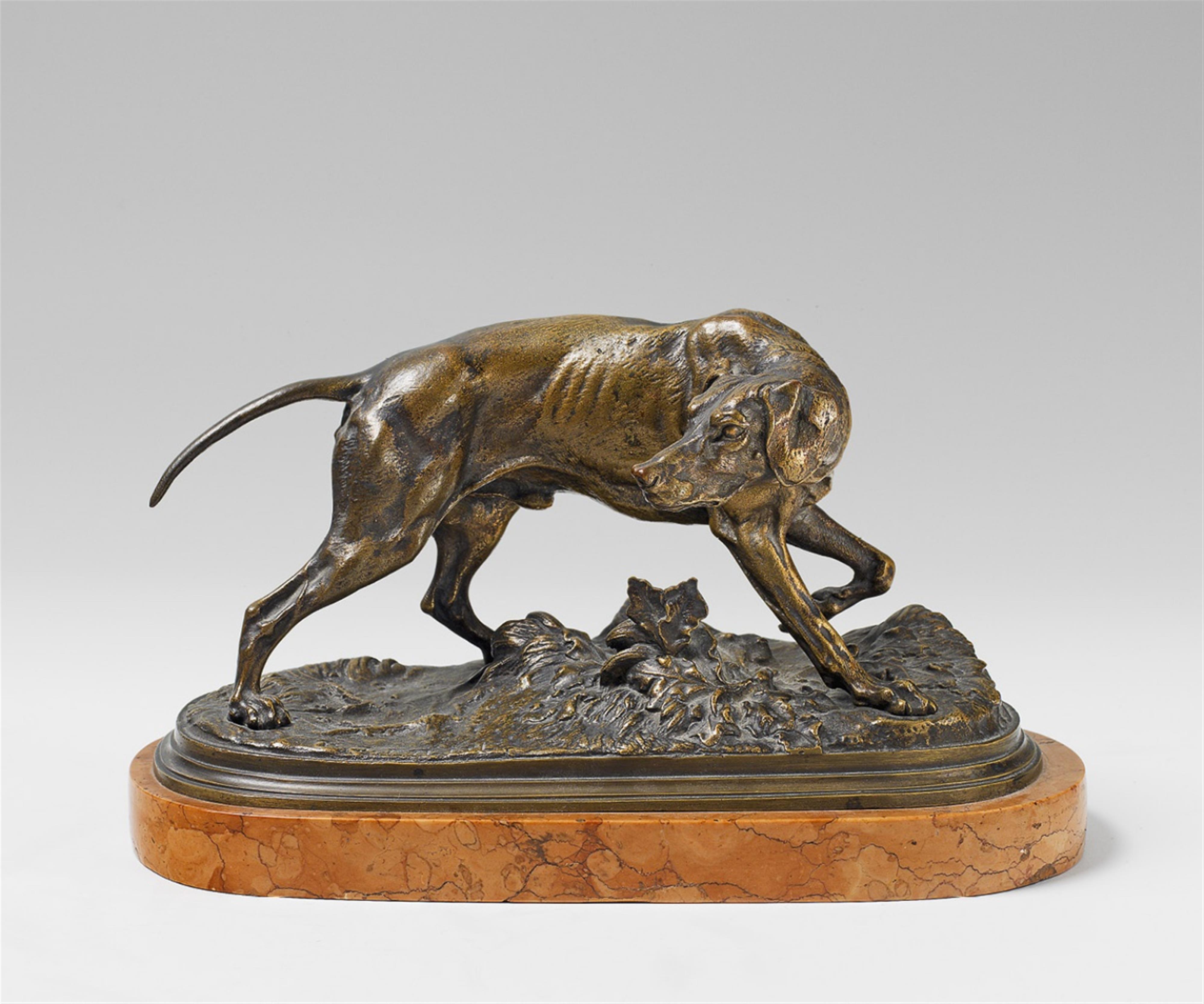 A gold brown patinated bronze model of a hunting dog on a red marble socle. - image-1