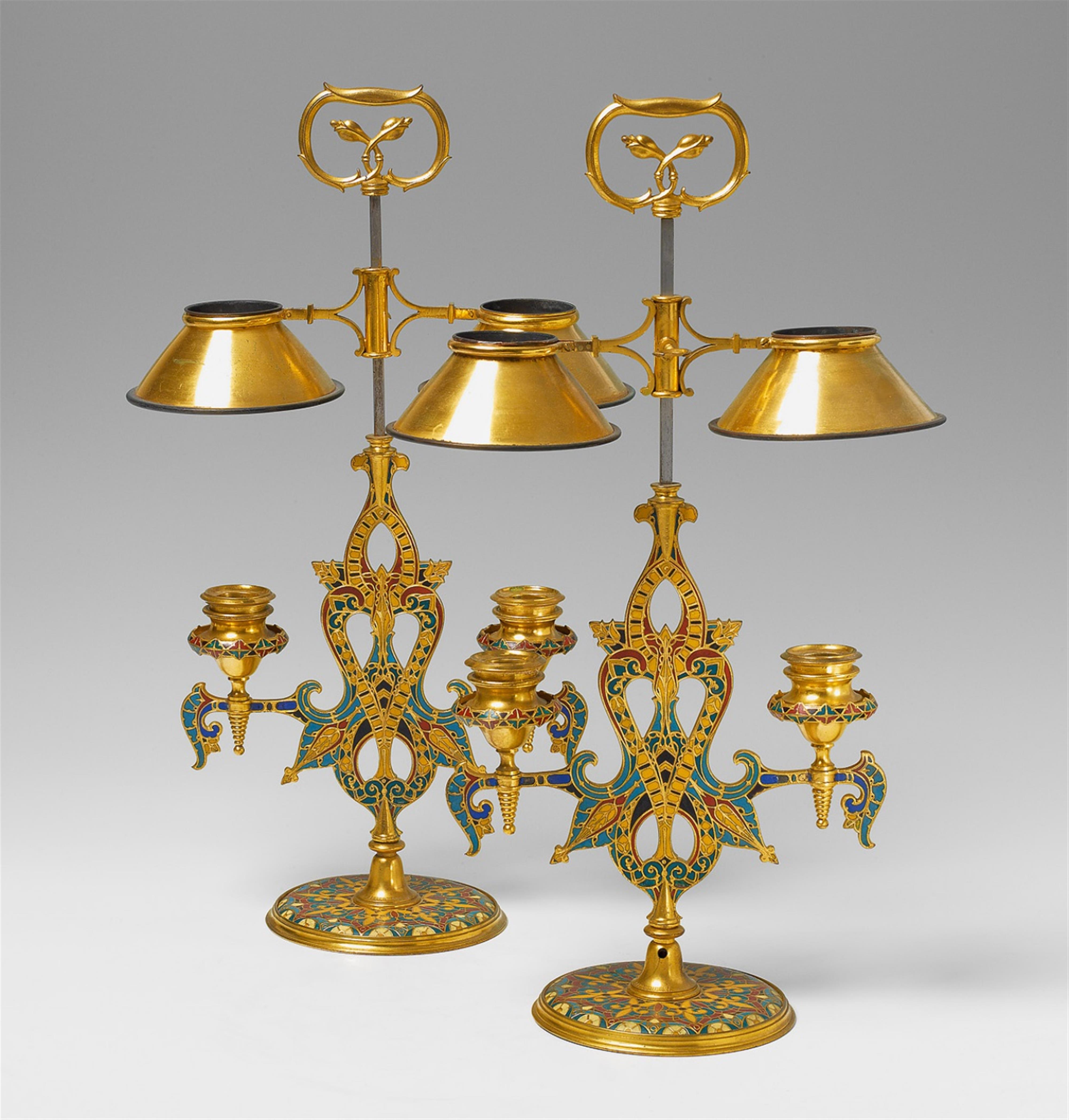 A pair of ormolu candelabra with Oriental style enamel decor. - image-1