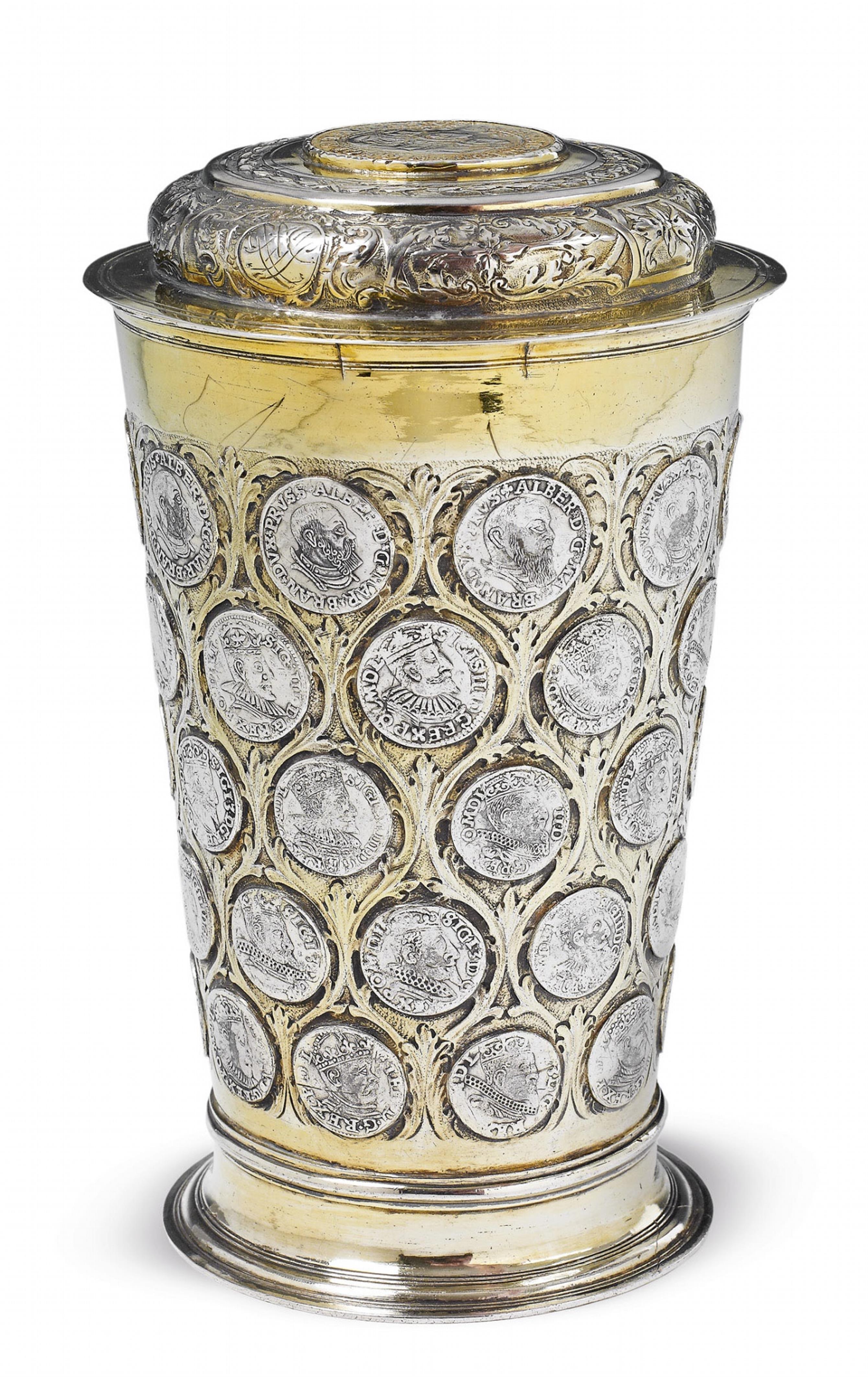 A large Breslau partially gilt silver coin-set beaker and cover - image-1