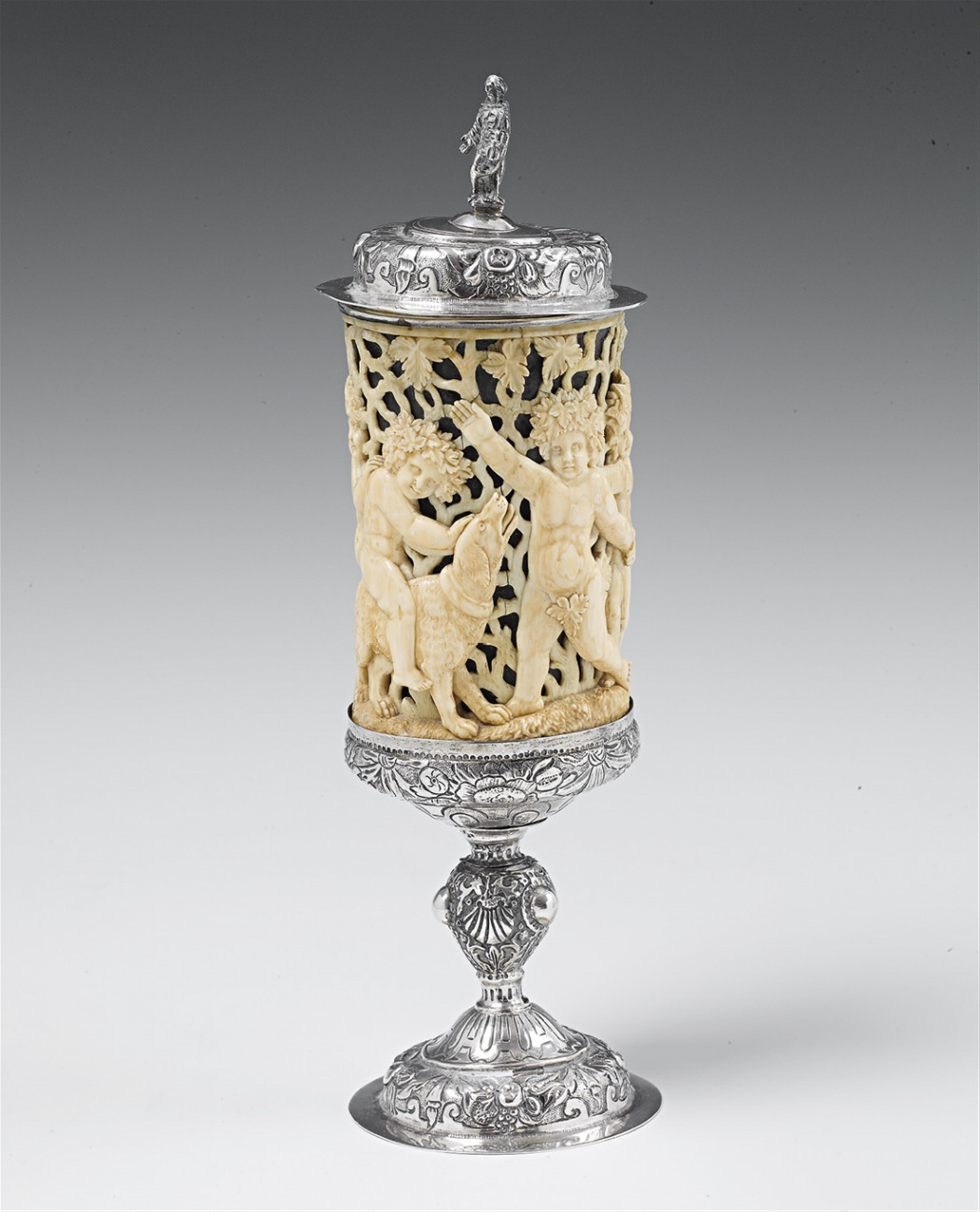 A silver mounted carved ivory goblet and cover - image-1