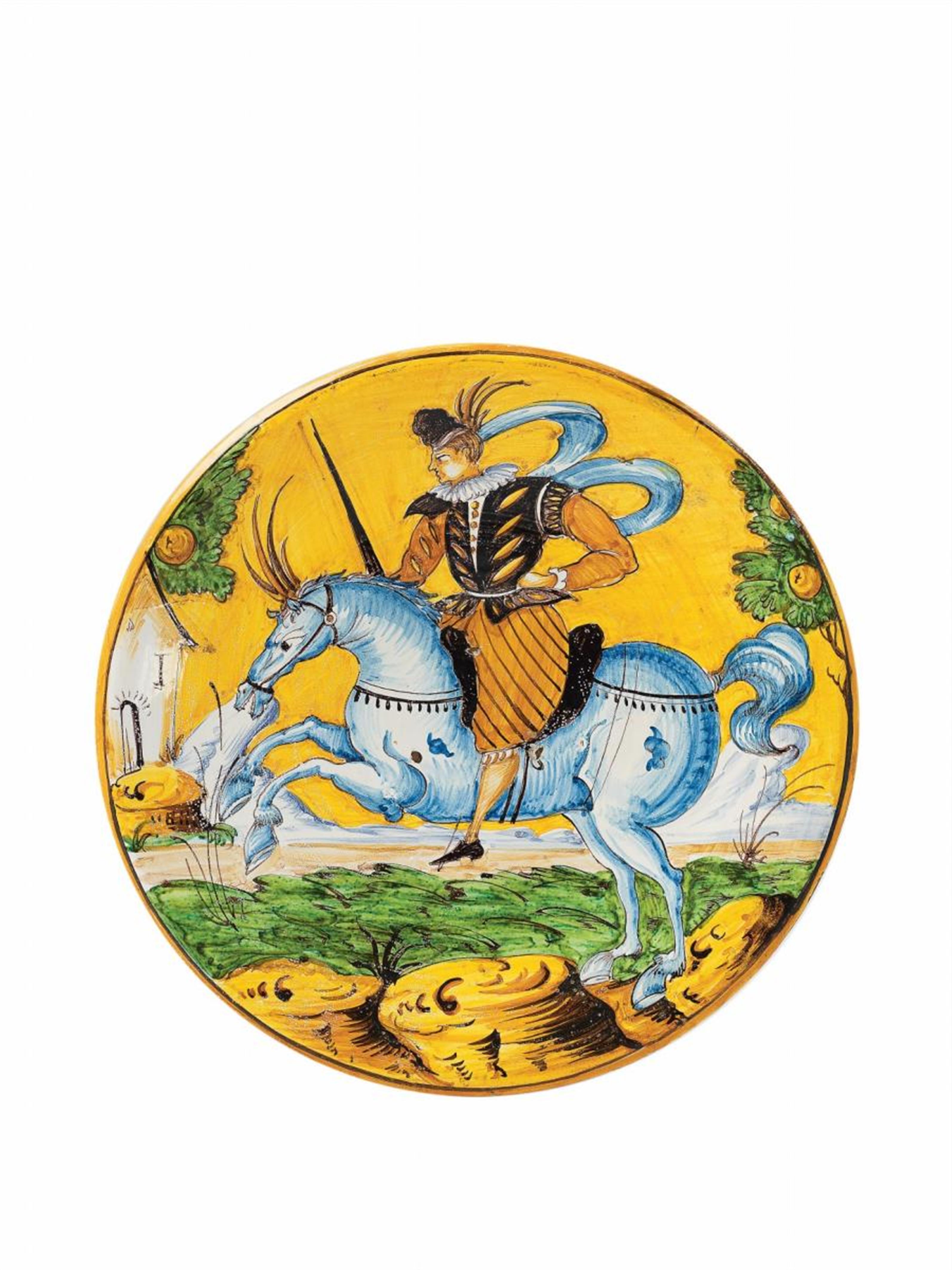 A large Montelupo maiolica charger painted with a rider. - image-1