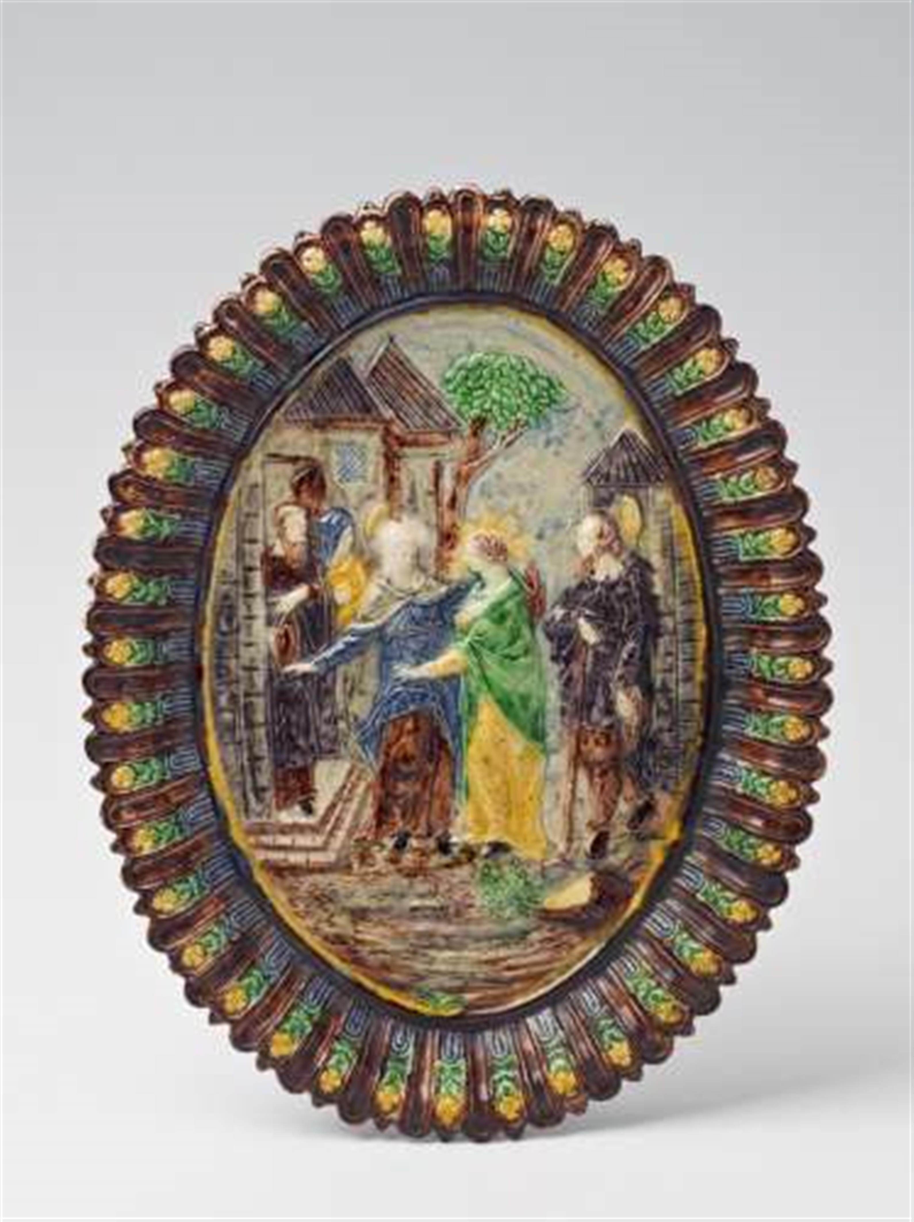 A French maiolica platter with a relief of the Visitation. - image-2