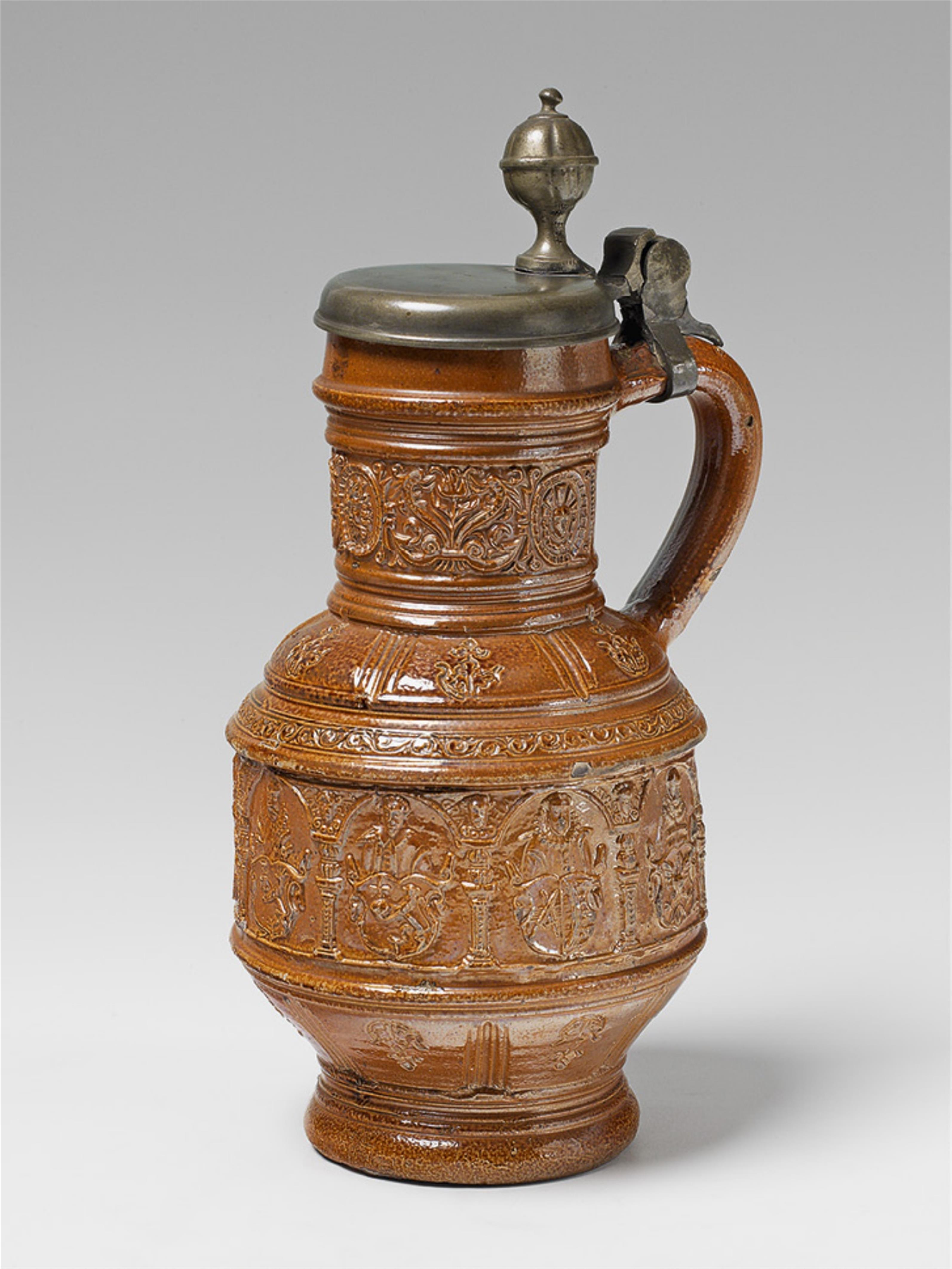 A tin-mounted Raeren salt glazed stoneware pitcher. - image-1