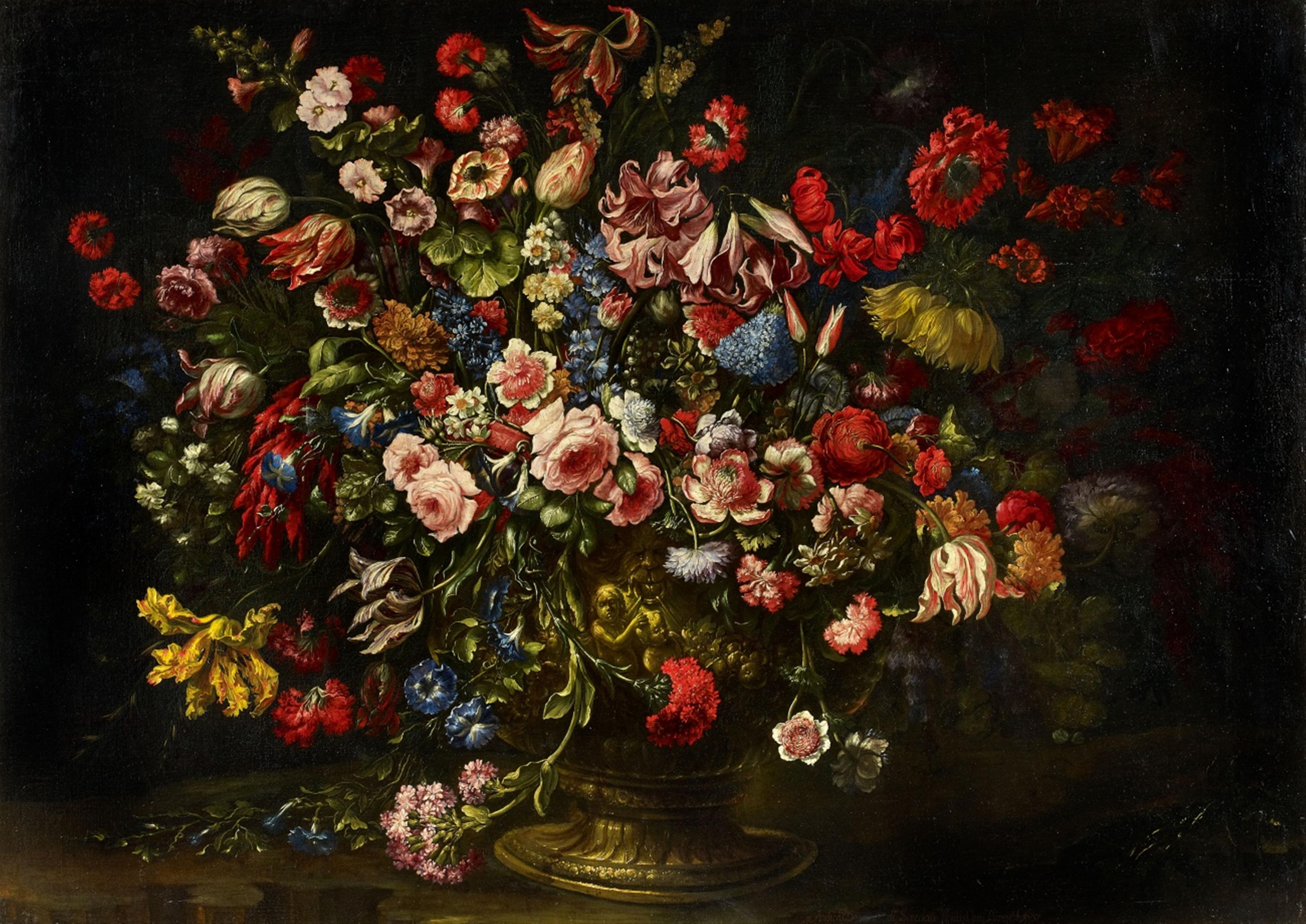 Andrea Scacciati - Monumentales Stillleben mit Rosen, Tulpen, Lilien und anderen Blumen in einer Bronzevase - image-1