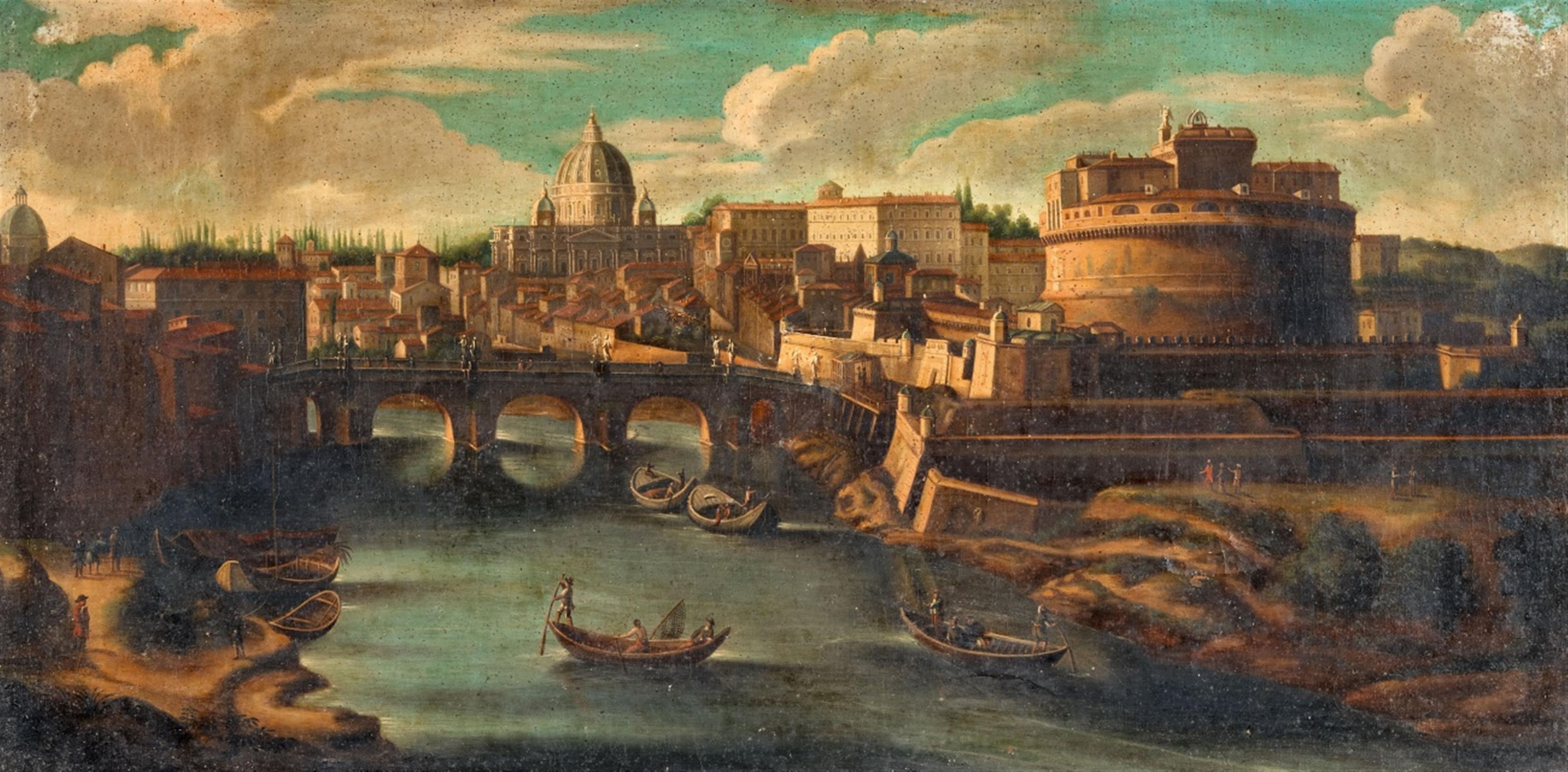 Roman School 18th century - View of Rome with the Tiber, Castel Sant'Angelo and St. Peter's Basilica - image-1