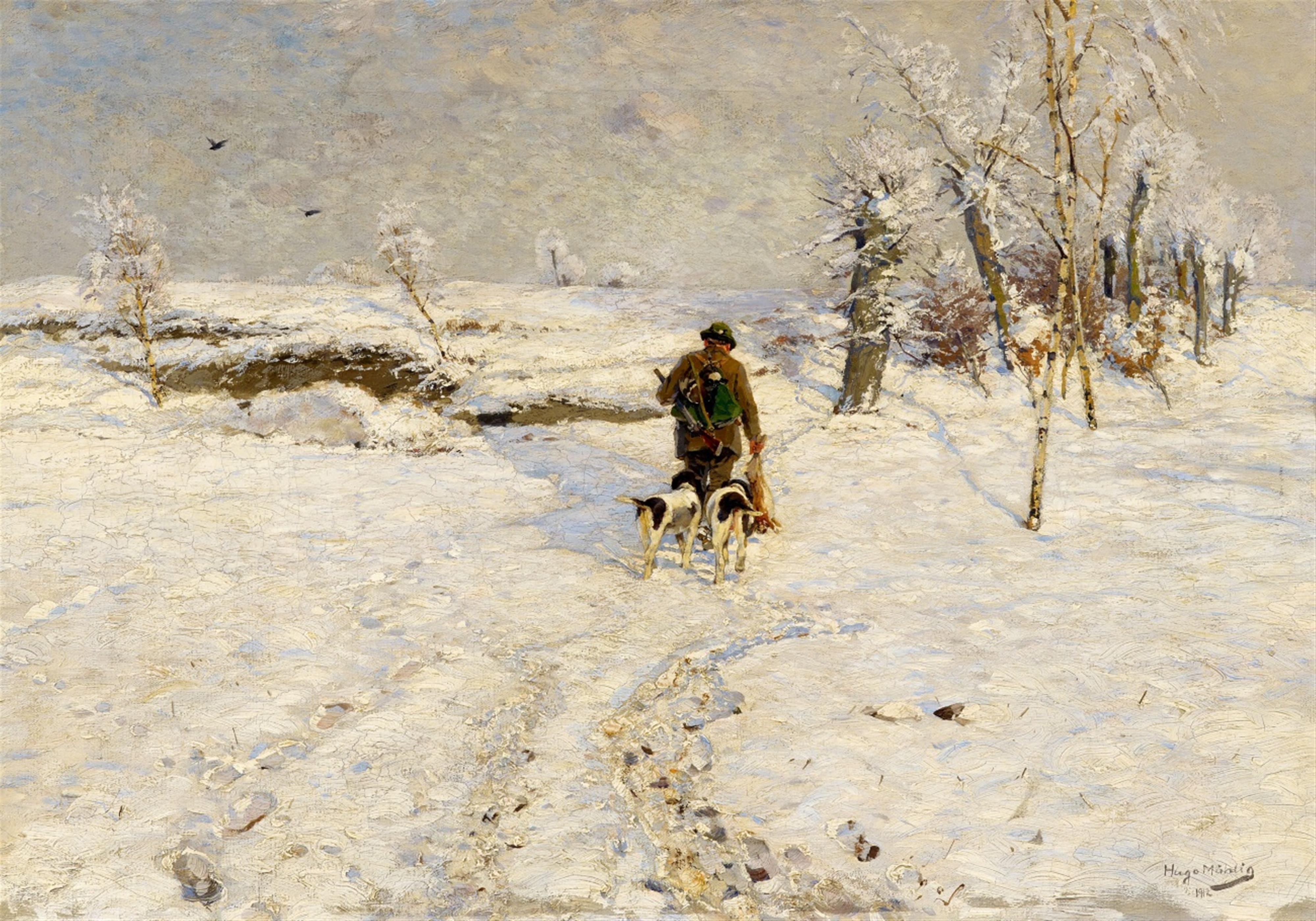 Hugo Mühlig - Winterlandschaft mit Jäger und zwei Hunden - image-1