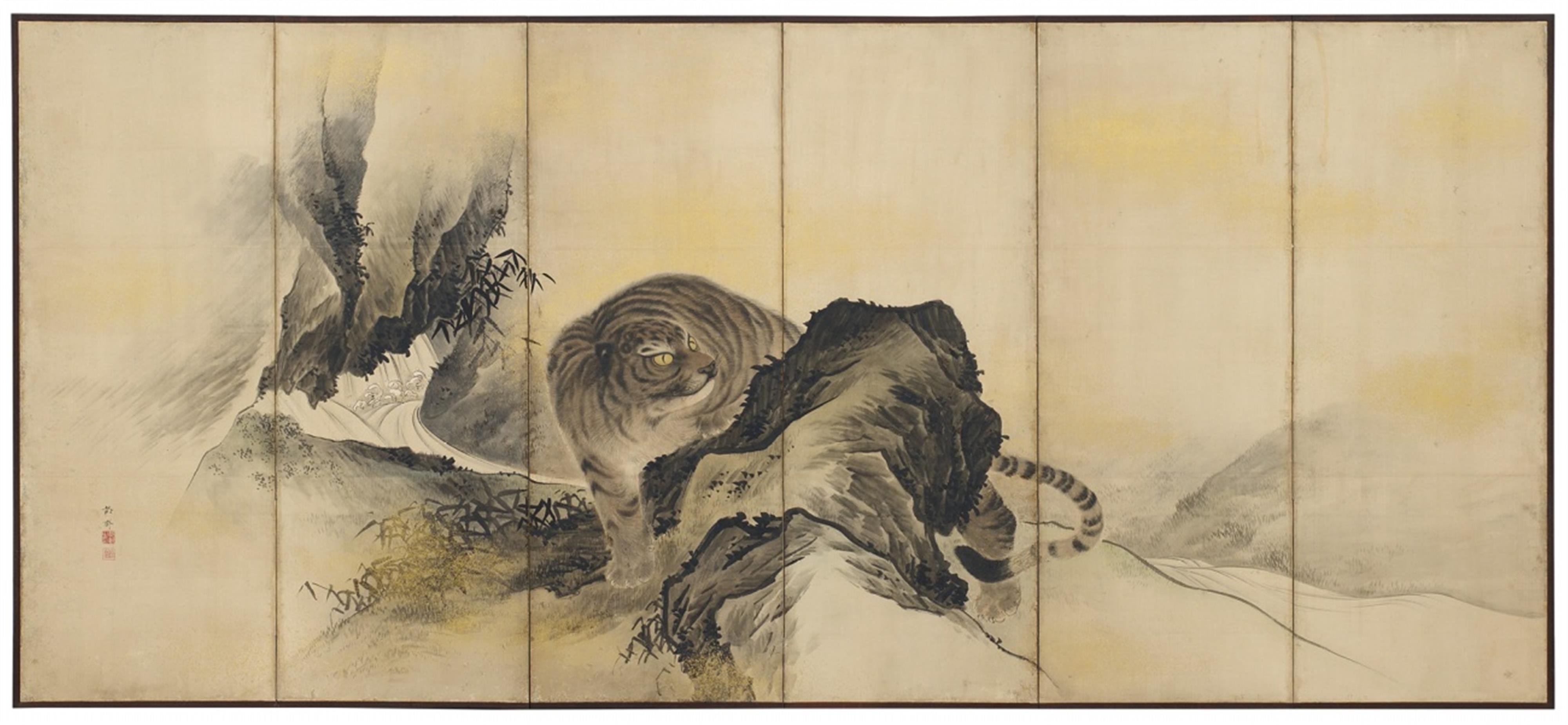 A six-panel screen depicting a tiger by Nomura Tossai (active in the Ansei era, 1854-1860). Late 19th century - image-1