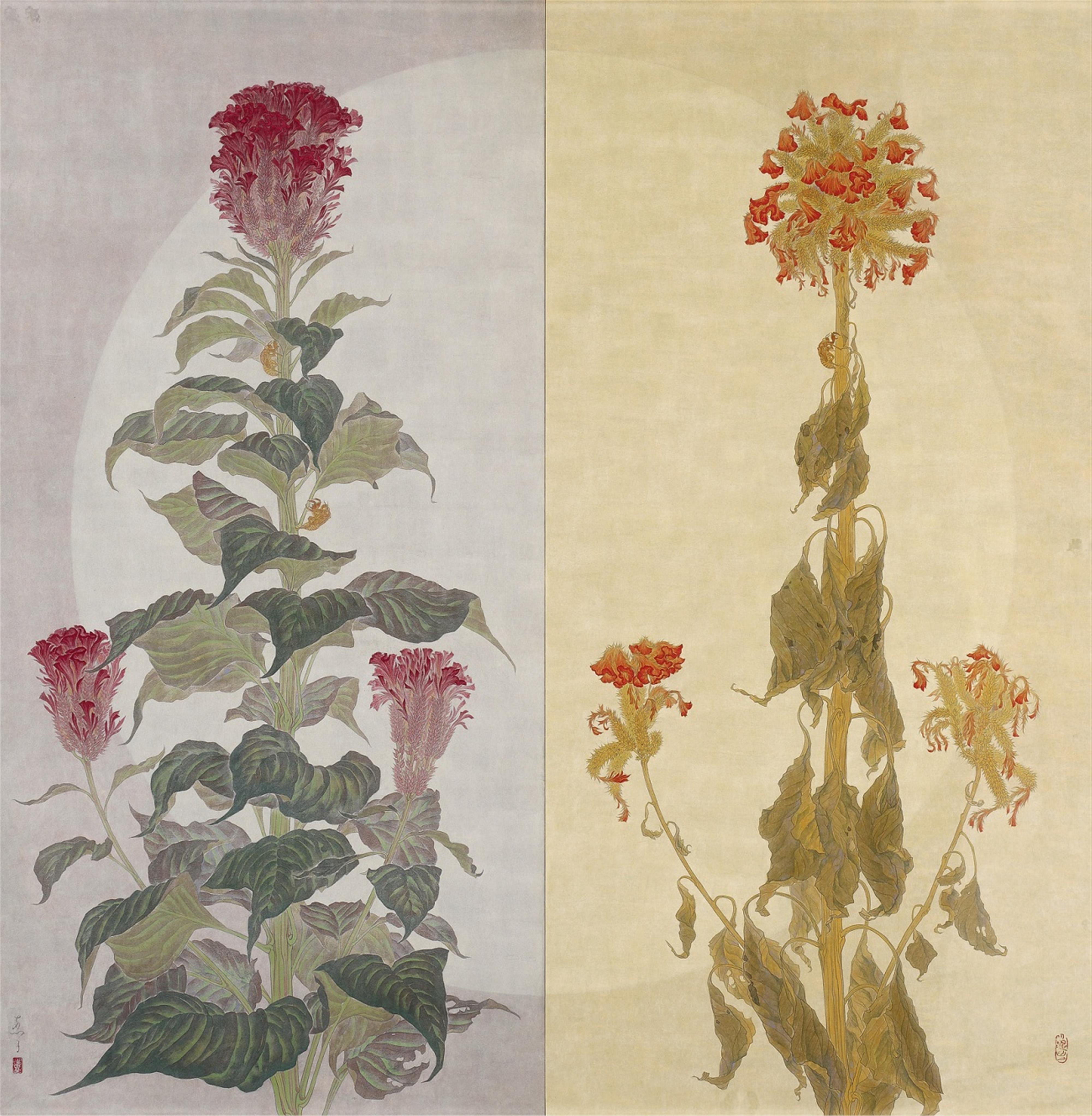 Unidentified artist - Two panels with cockscomb plants by an unidentified female artist. Early 20th century - image-1