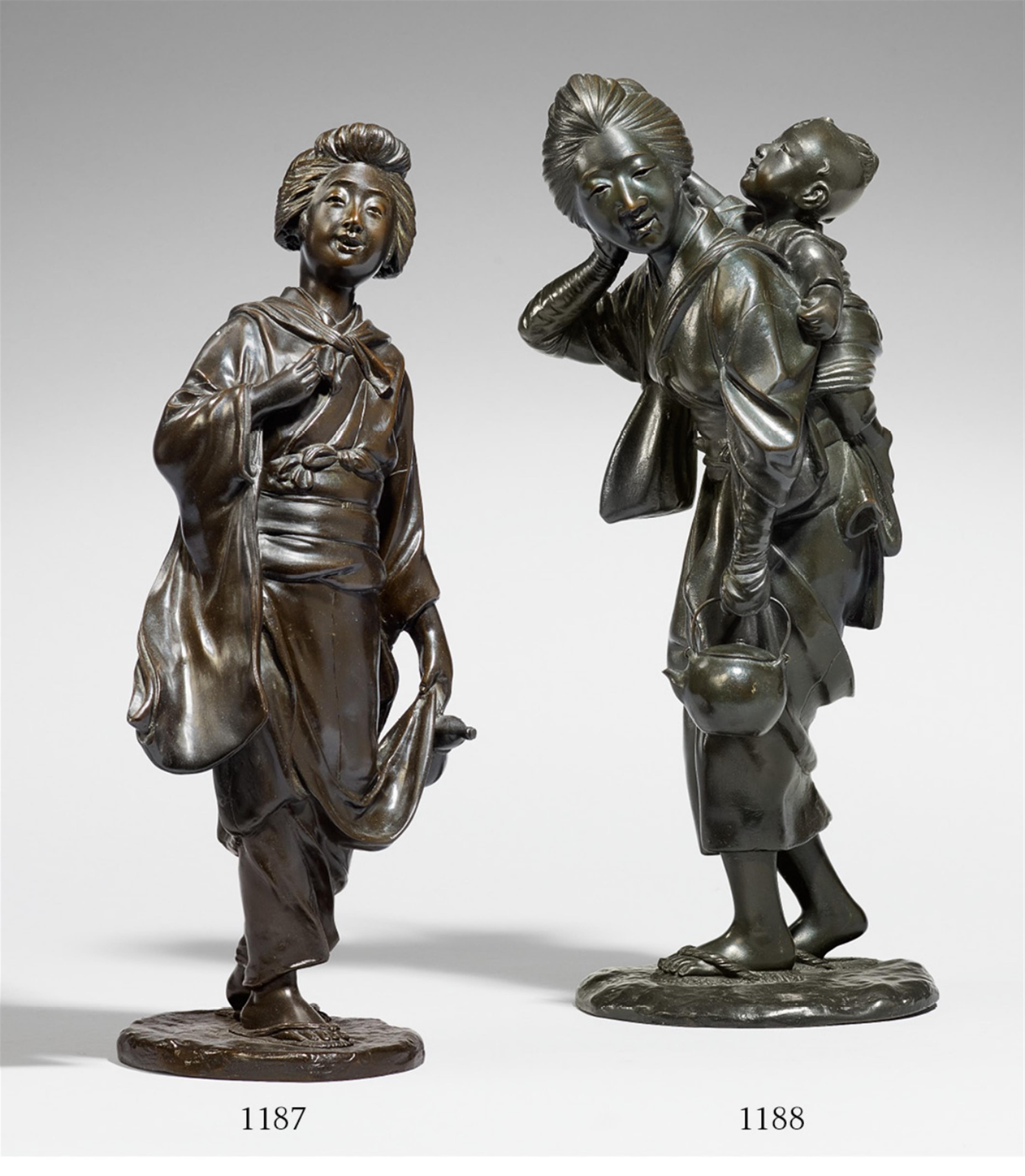 A bronze figure of a young woman with a child. Late 19th century - image-1