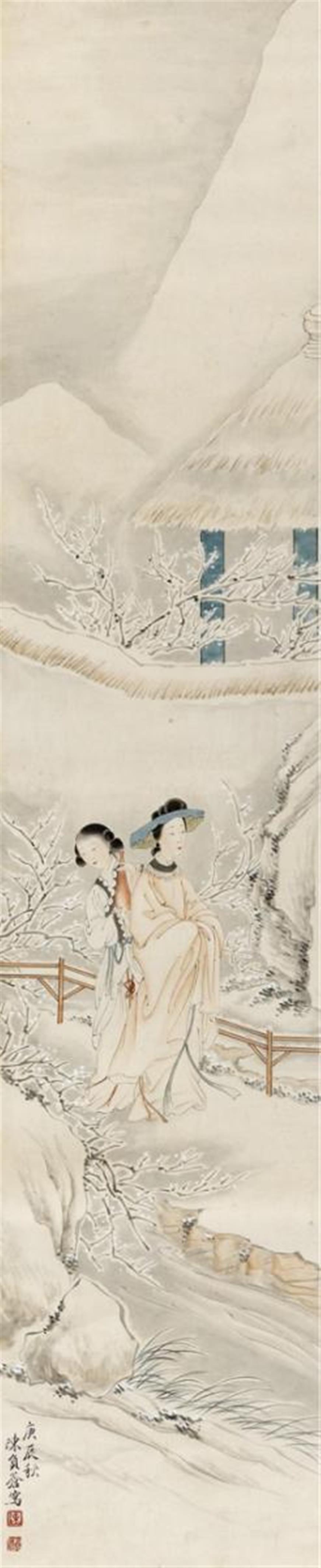 Chen Fucang - Elegante Dame mit Dienerin in Winterlandschaft. Tusche und leichte Farben auf Papier. Aufschrift, zyklisch datiert gengchen (1940), sign.: Chen Fucang und Siegel: Chen und Fucang. - image-1