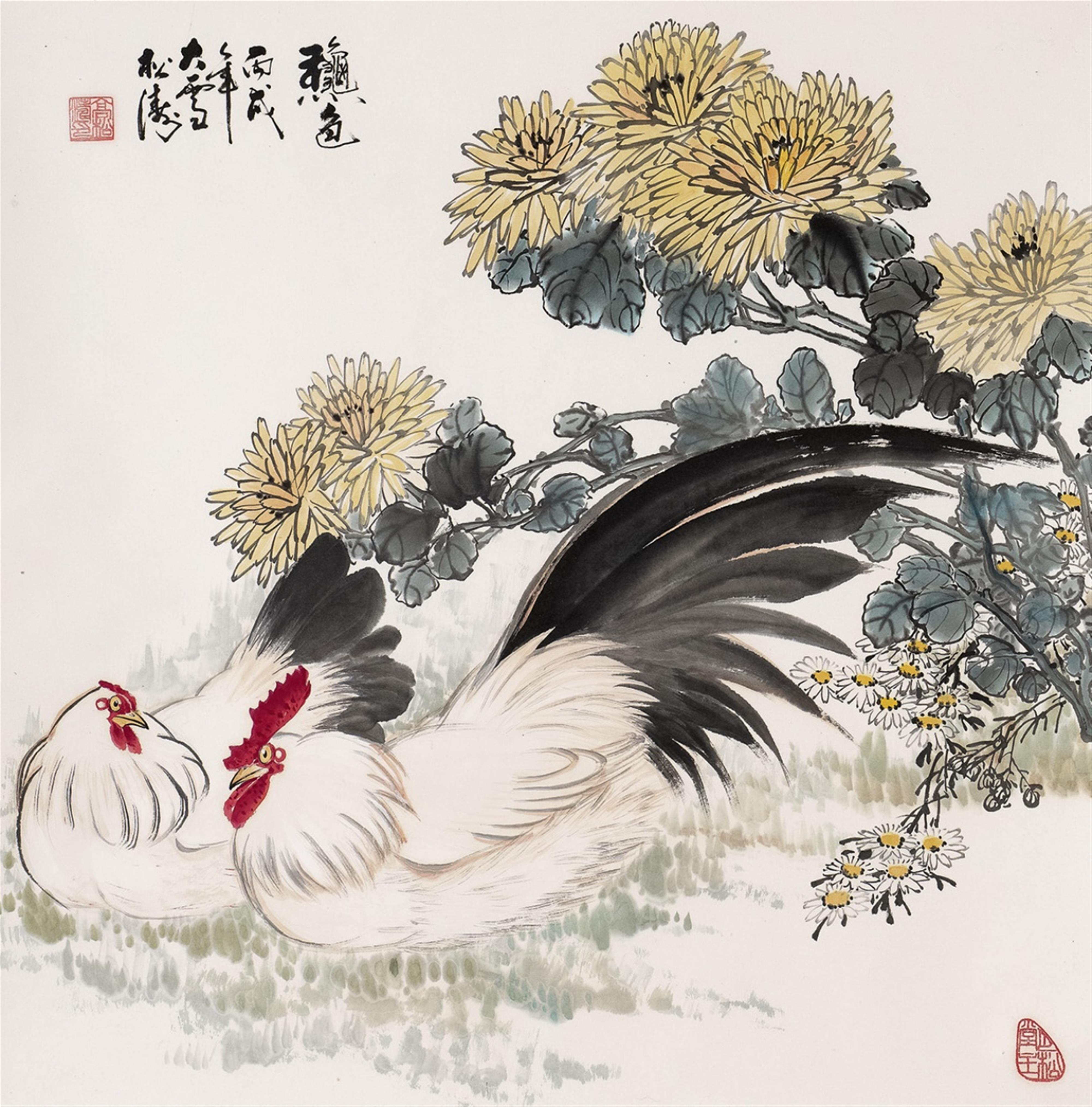 Gao Songtao . 20th century - Rooster and hen below chrysanthemums. Hanging scroll. Ink and colour on paper. Inscription, signed Songtao and sealed Gao Songtao yin and one more seal. 20th century. - image-1