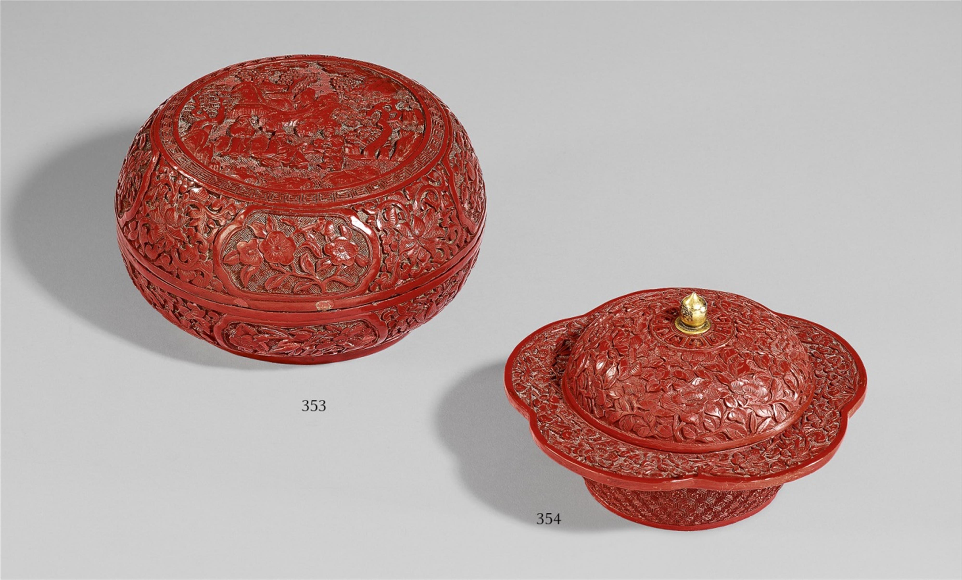 A circular carved red lacquer box and cover. 19th century - image-1