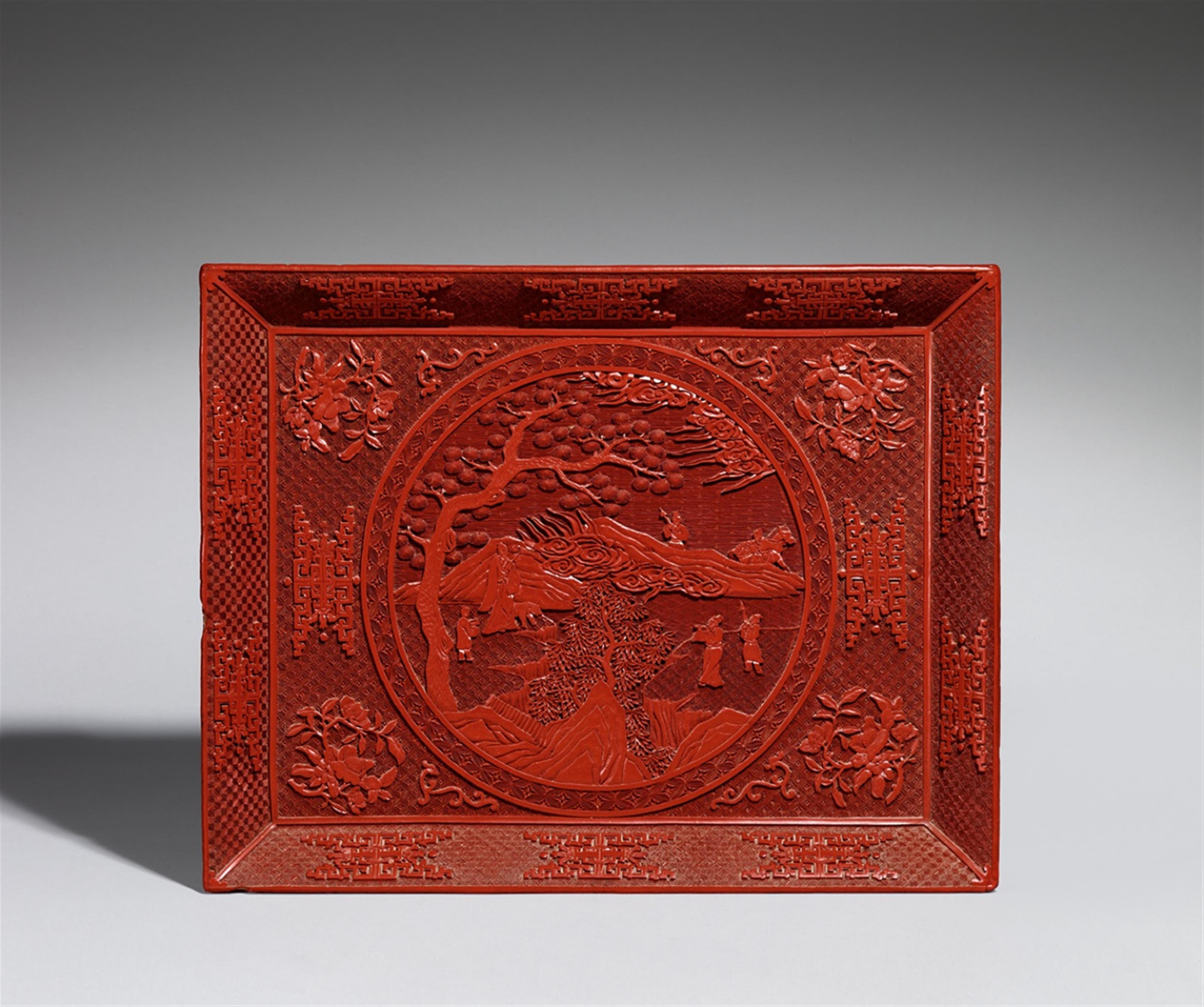 A large carved red lacquer rectangular tray. 19th century - image-1