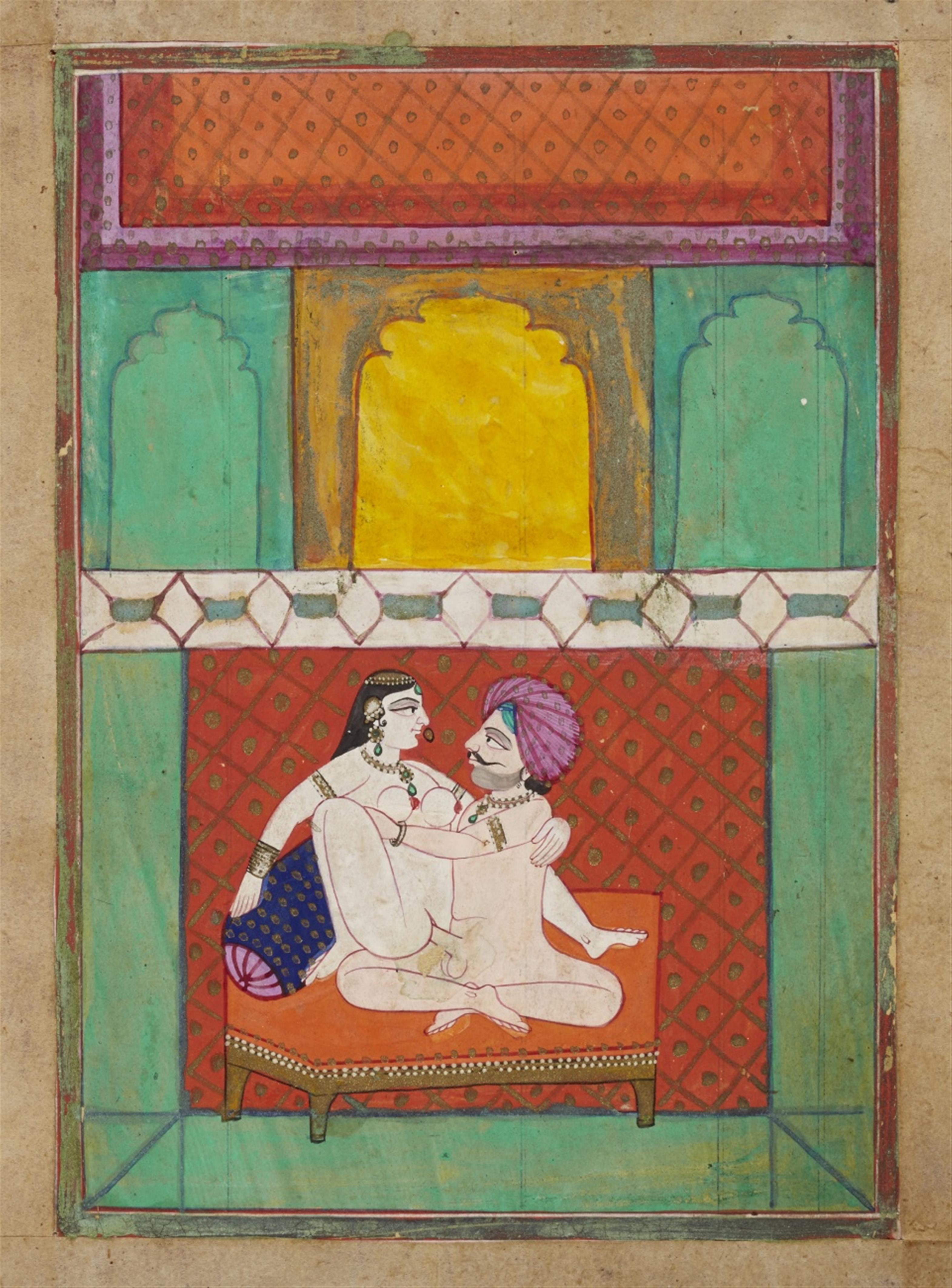 A group of eight probably Rajasthani erotic paintings and a group of 15 erotic folk paintings with text. 19th/20th century - image-2