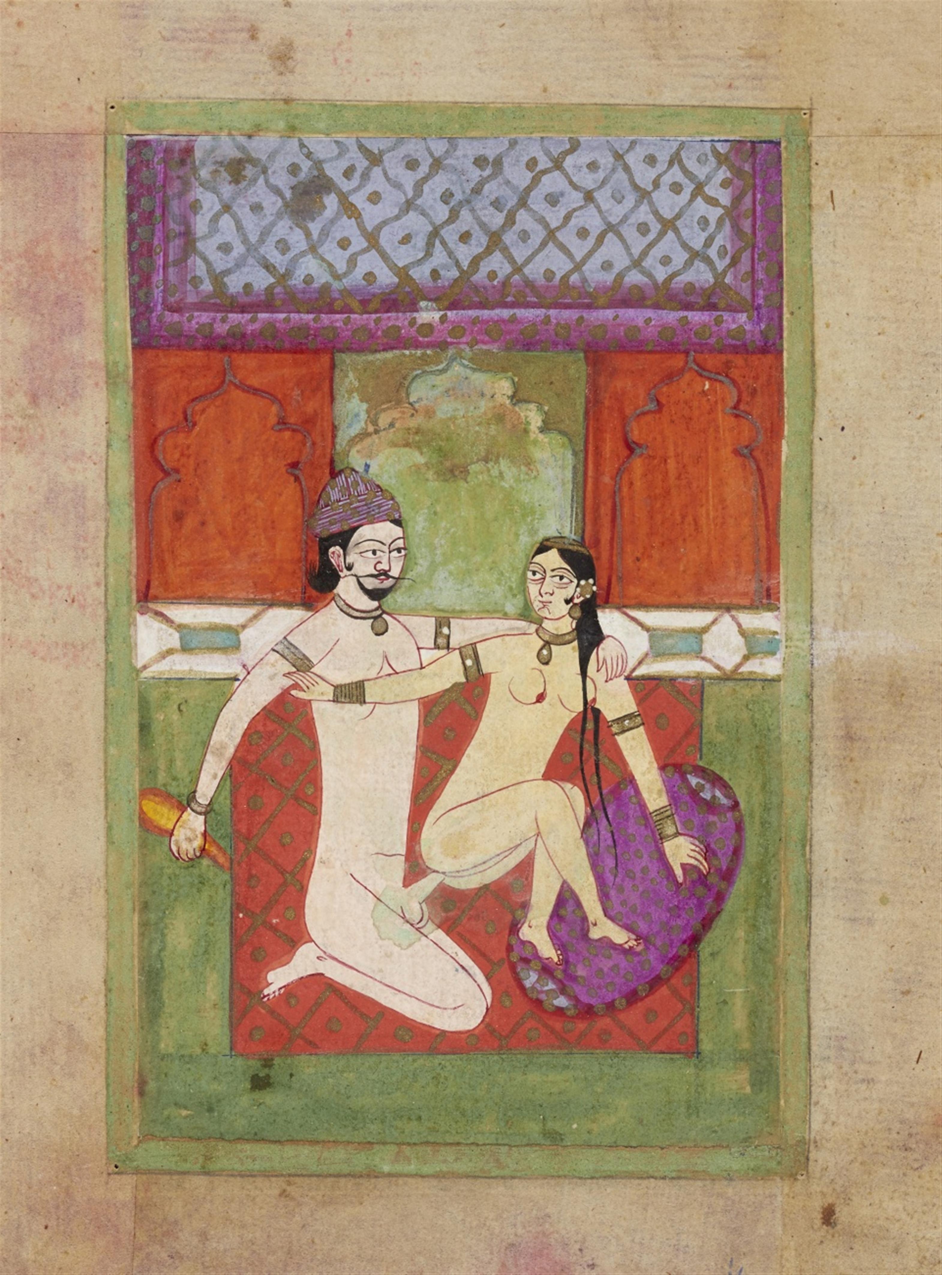A group of eight probably Rajasthani erotic paintings and a group of 15 erotic folk paintings with text. 19th/20th century - image-3