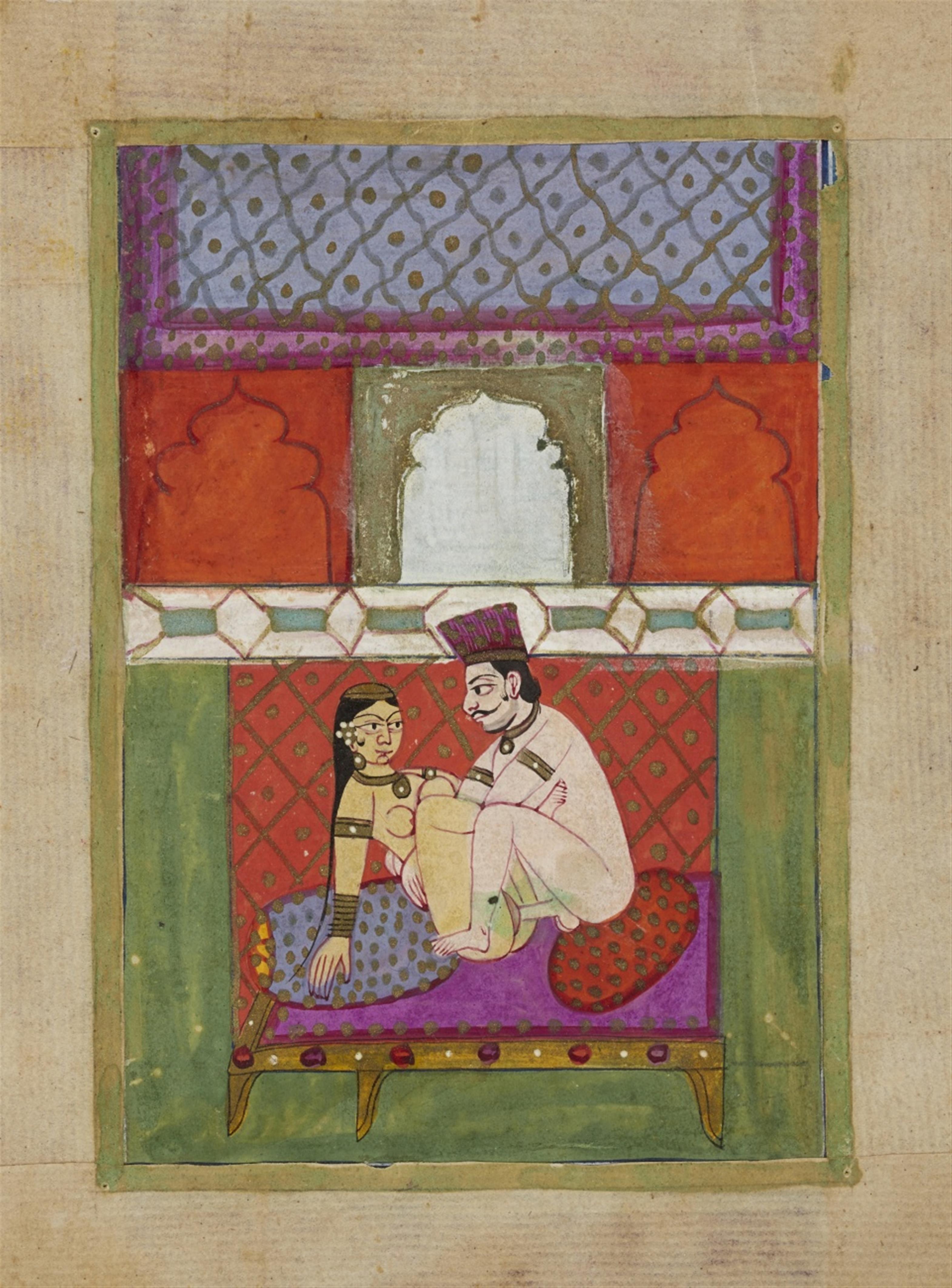 A group of eight probably Rajasthani erotic paintings and a group of 15 erotic folk paintings with text. 19th/20th century - image-4
