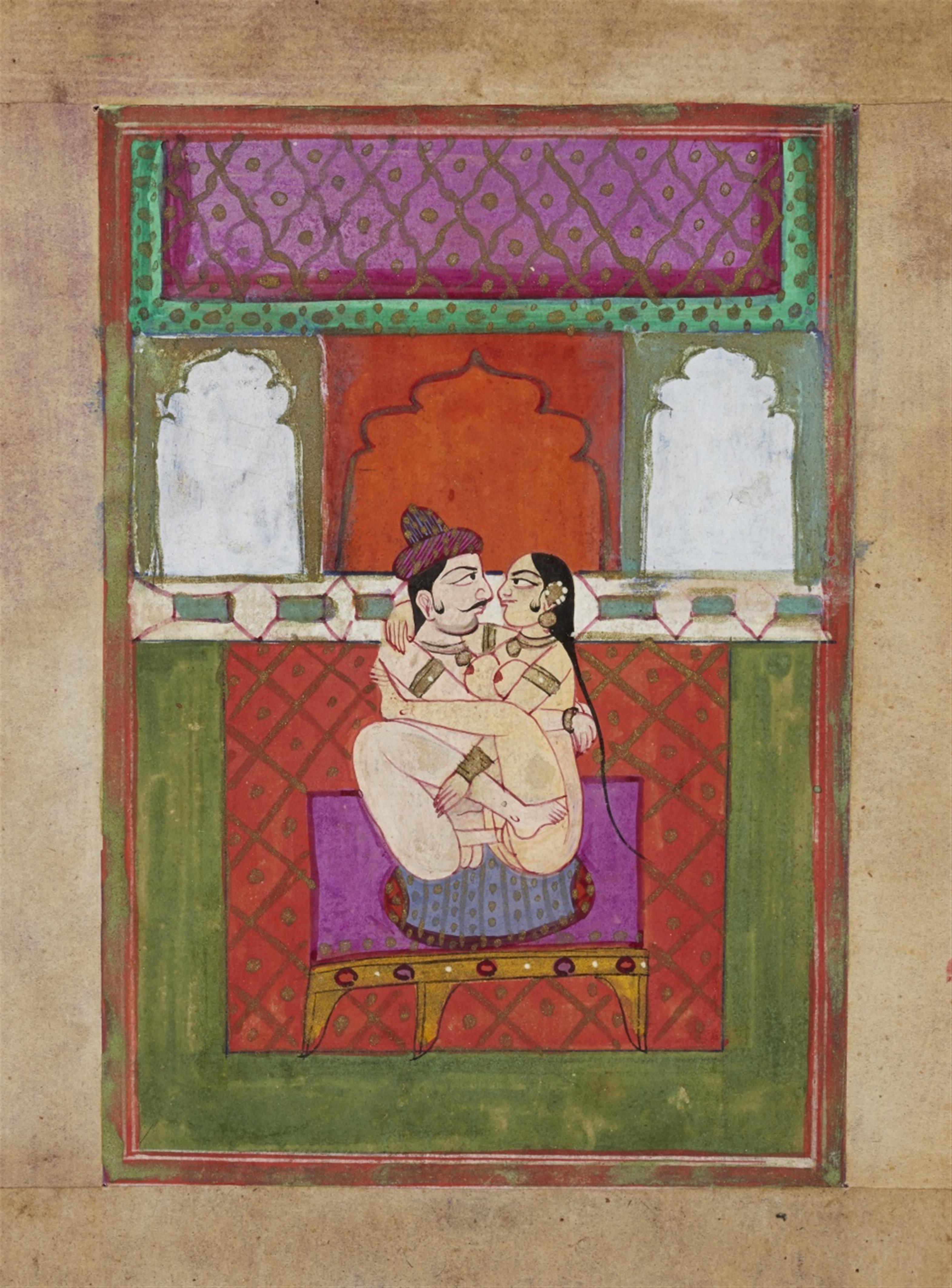 A group of eight probably Rajasthani erotic paintings and a group of 15 erotic folk paintings with text. 19th/20th century - image-5