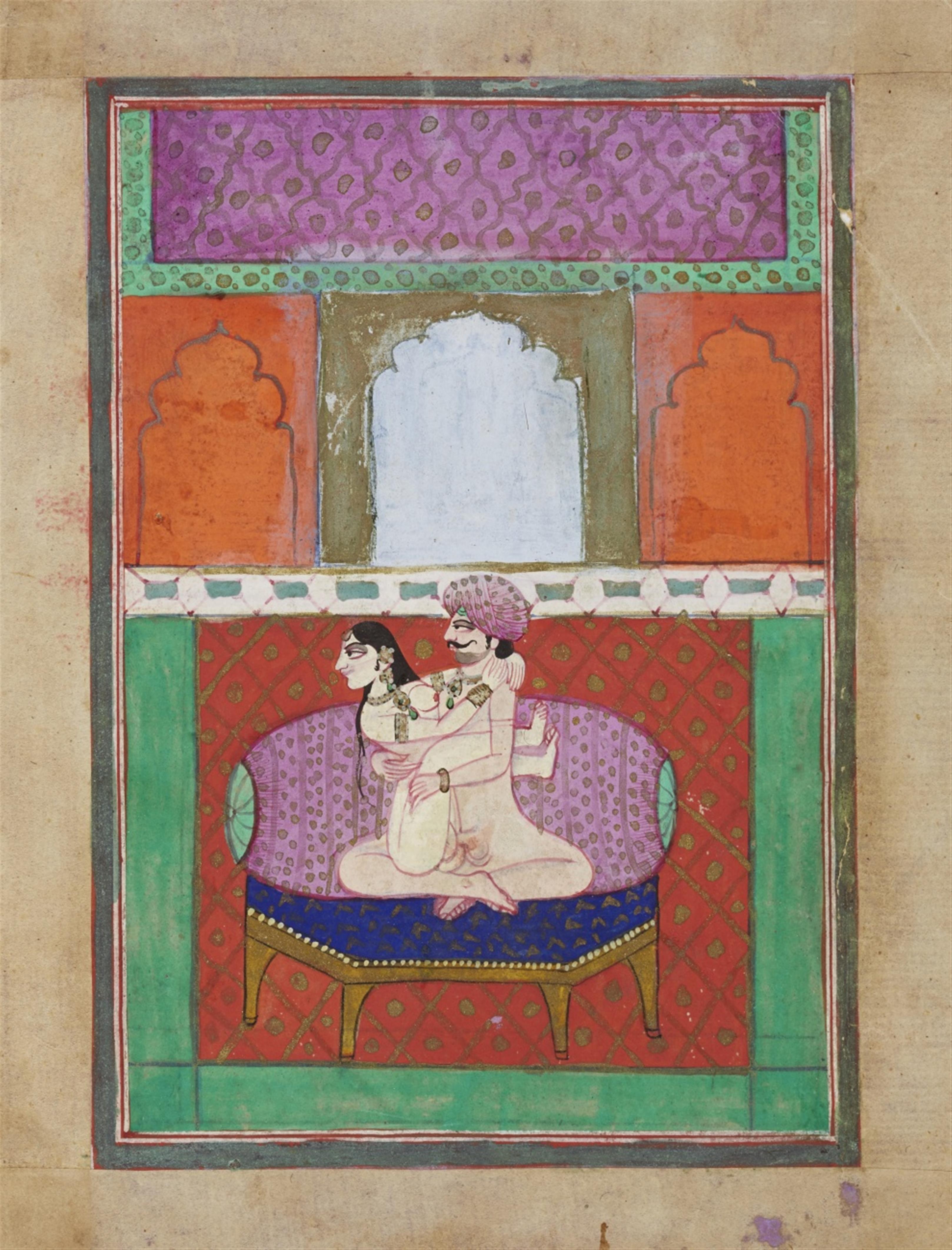 A group of eight probably Rajasthani erotic paintings and a group of 15 erotic folk paintings with text. 19th/20th century - image-1