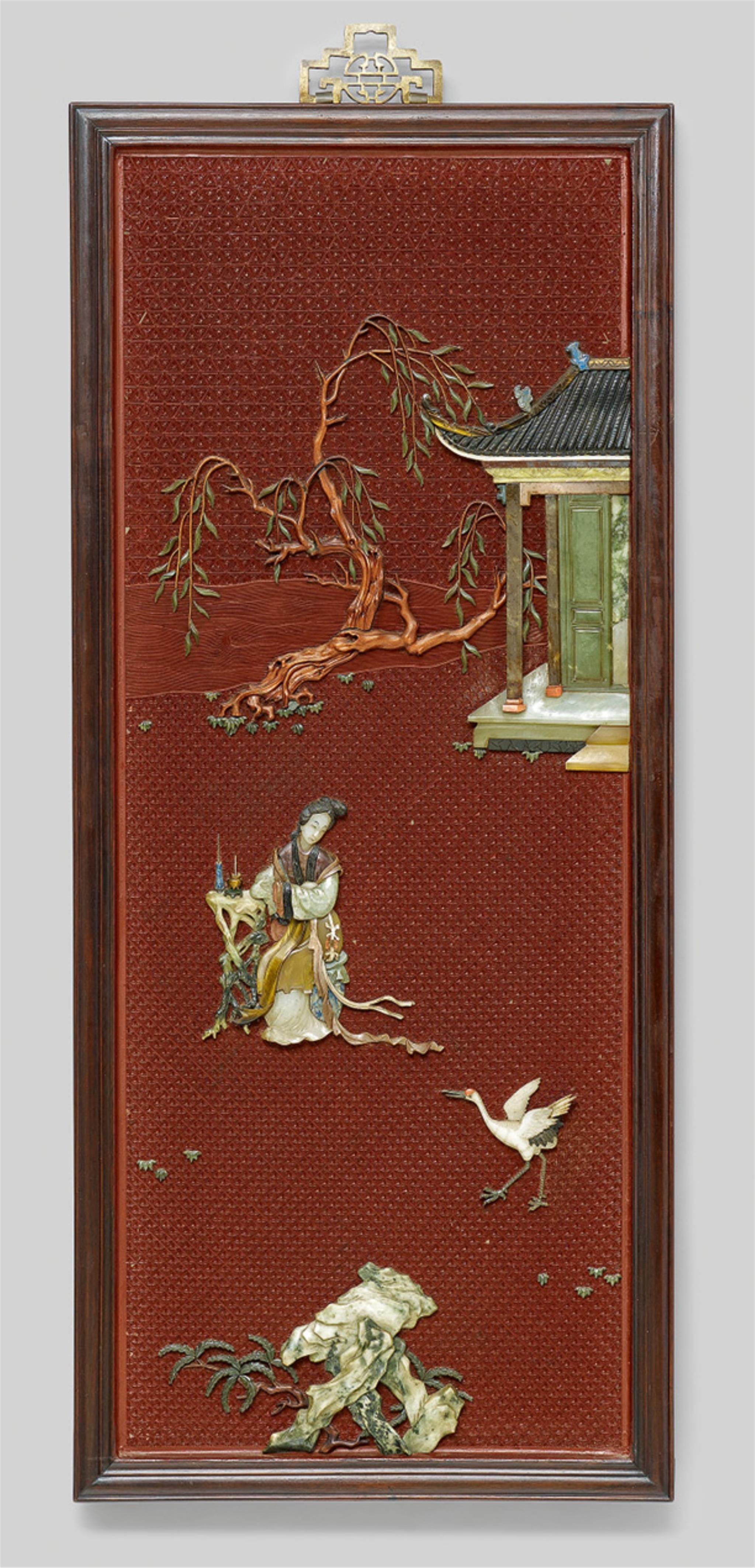 Four red lacquer panels with stone inlays. 20th century - image-2