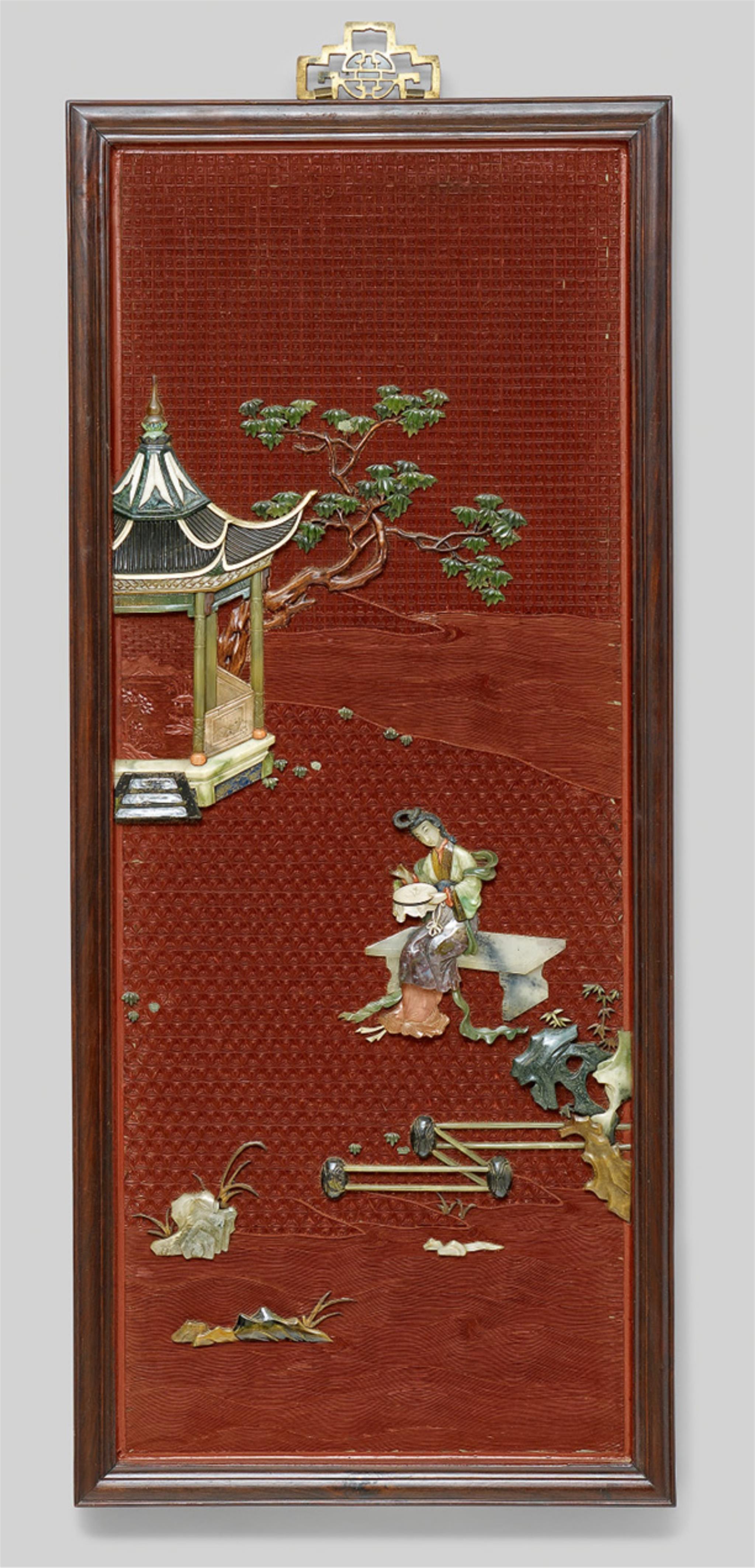 Four red lacquer panels with stone inlays. 20th century - image-3