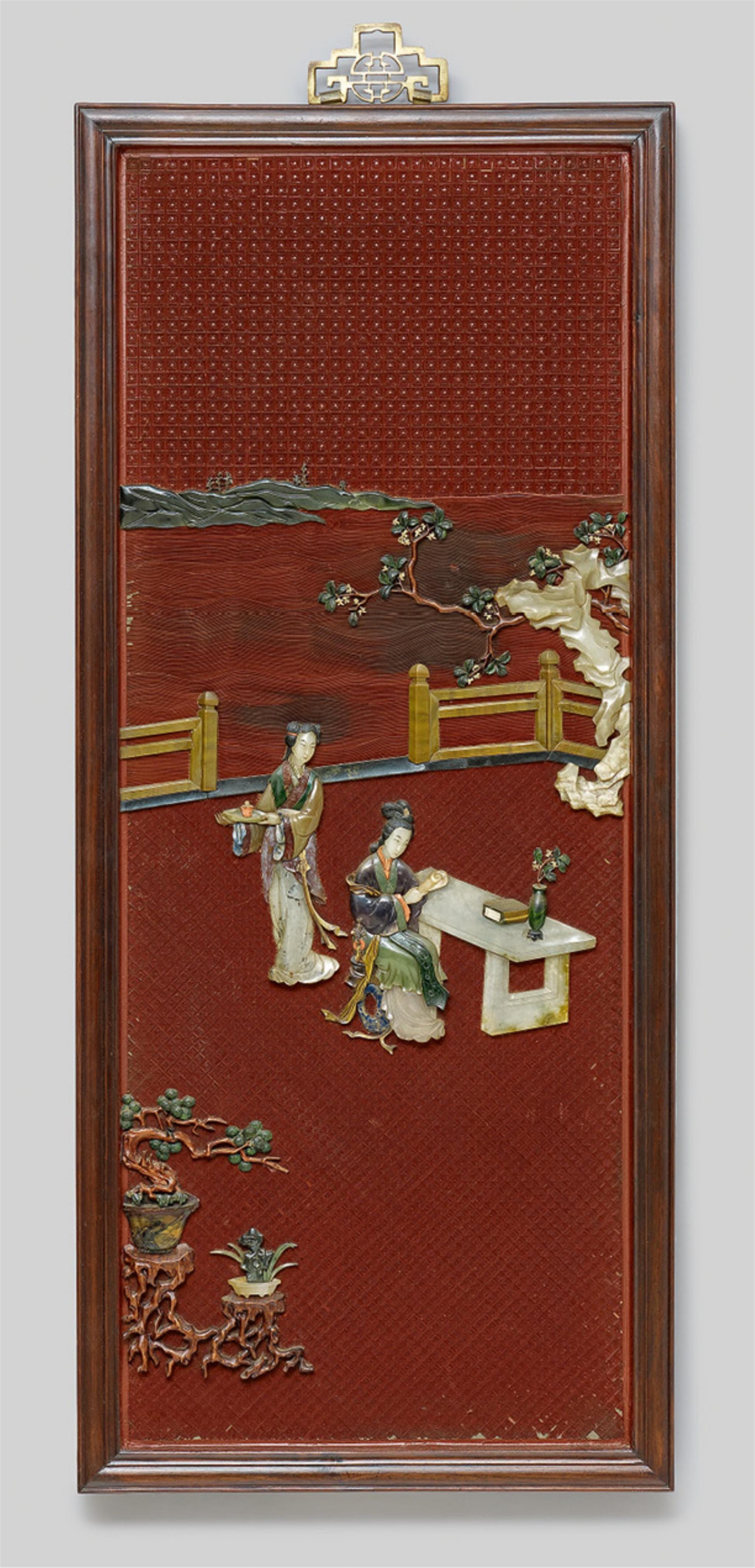 Four red lacquer panels with stone inlays. 20th century - image-1