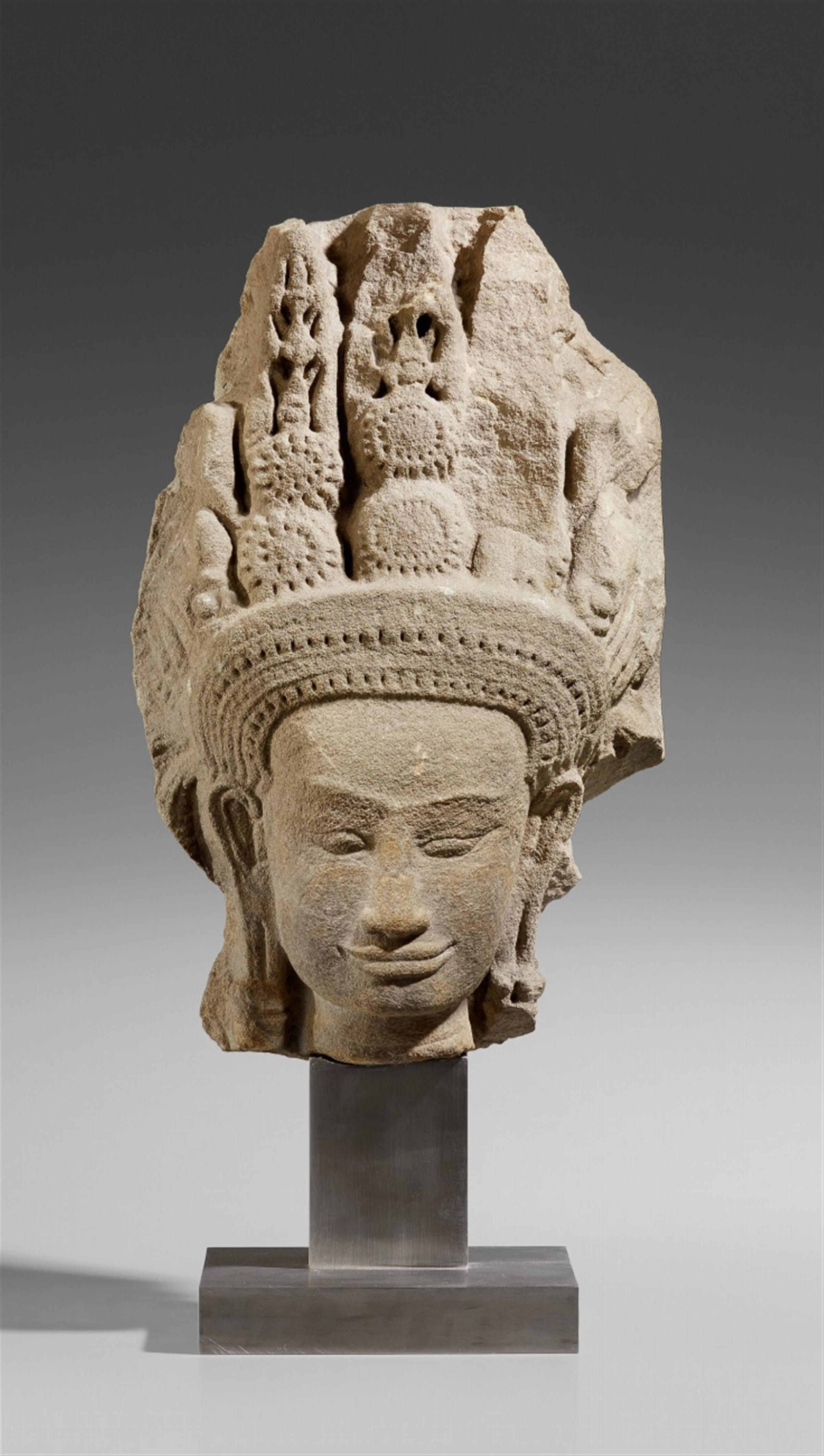 A Cambodian Angkor Wat-style sandstone head of an apsara. 12th century. - image-1