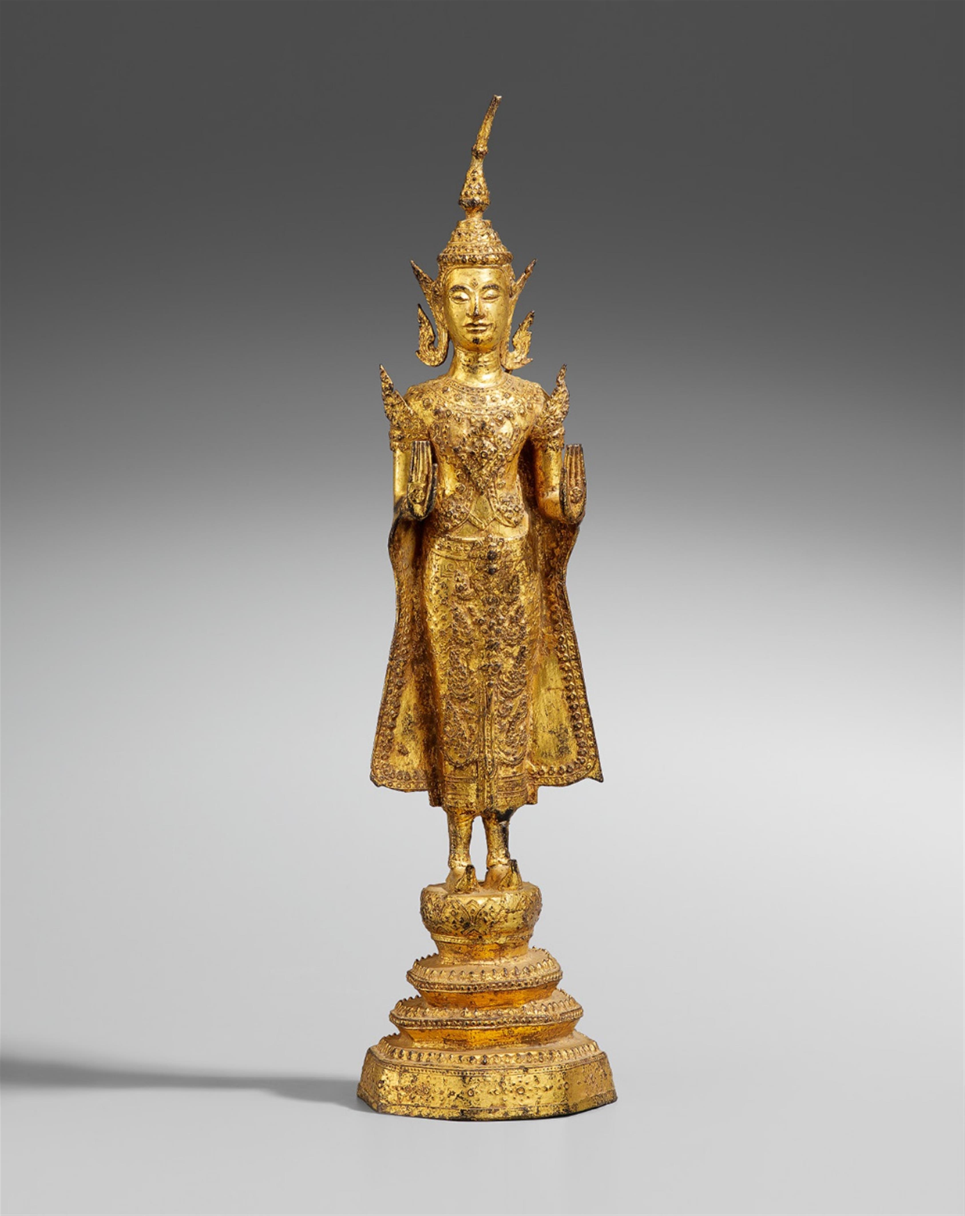 A Ratanakosin gilded and lacquered bronze figure of a jewelled Buddha. 19th/20th century - image-1