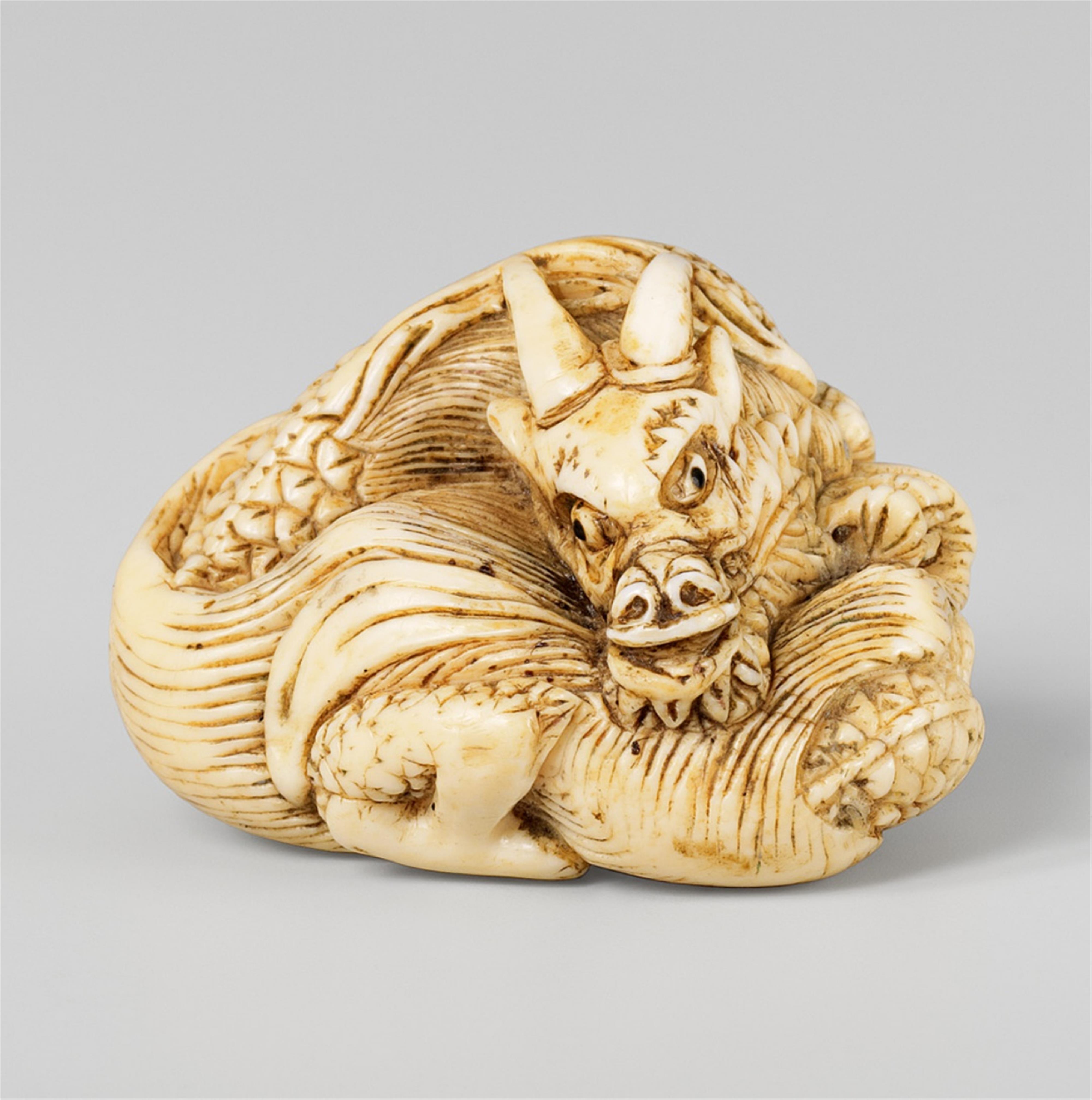 An ivory netsuke of a coiled dragon. Early 19th century - image-1