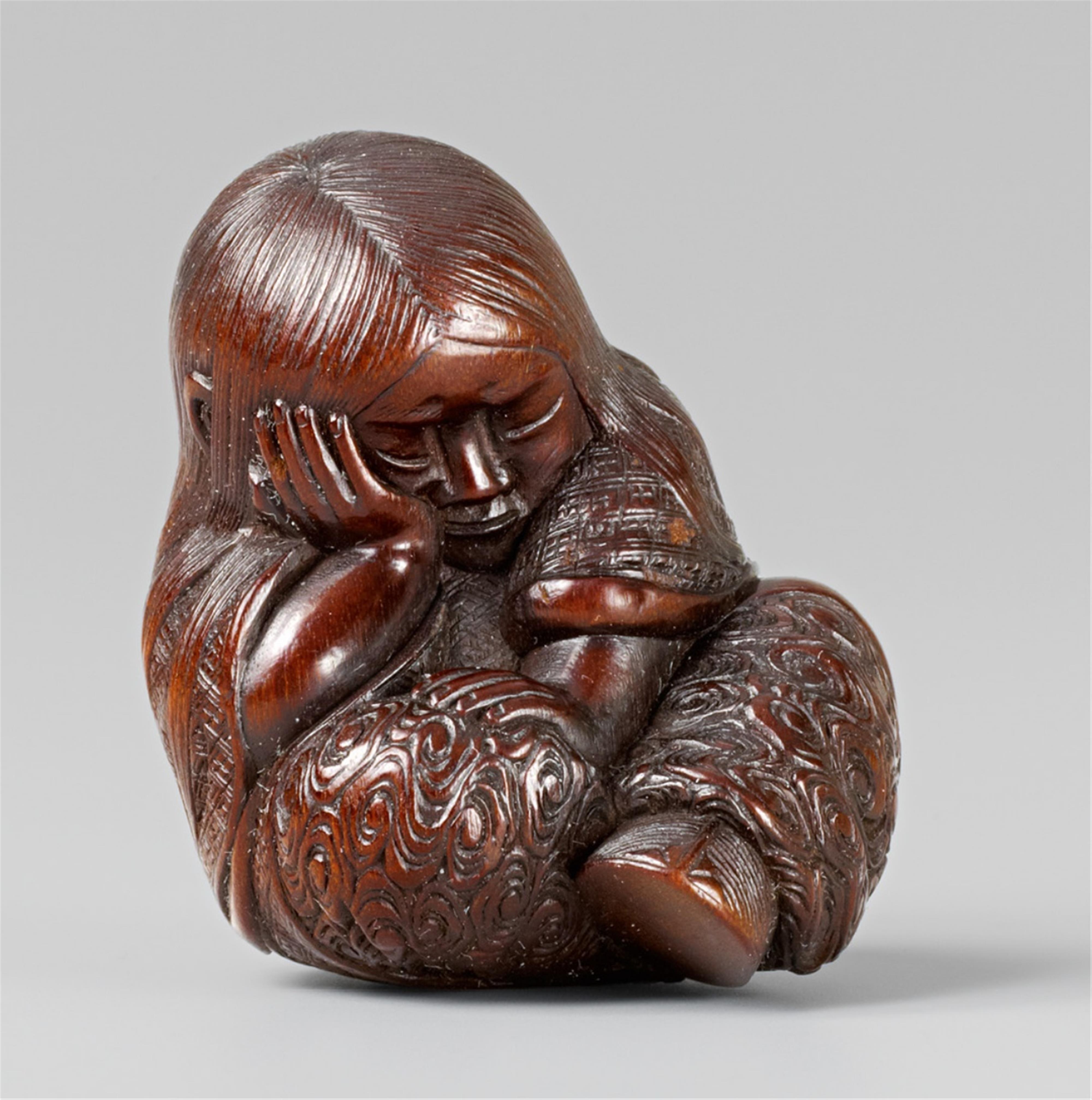 A very good Nagoya school cherry wood netsuke of a sleeping shôjô, by Ikkan. Mid-19th century - image-1