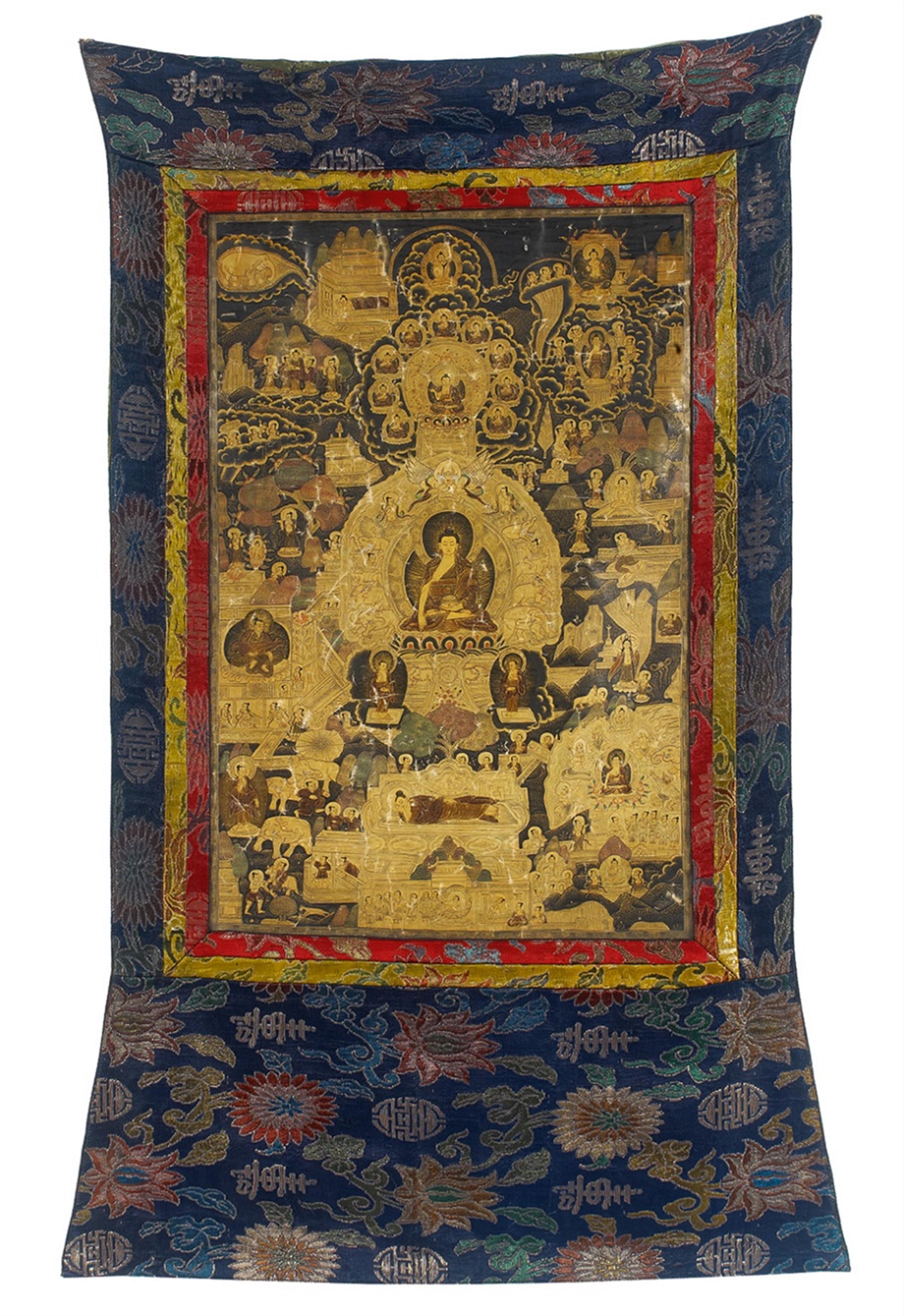 A Tibetan thangka depicting Buddha Shakyamuni and scenes from his life. Late 19th century - image-1