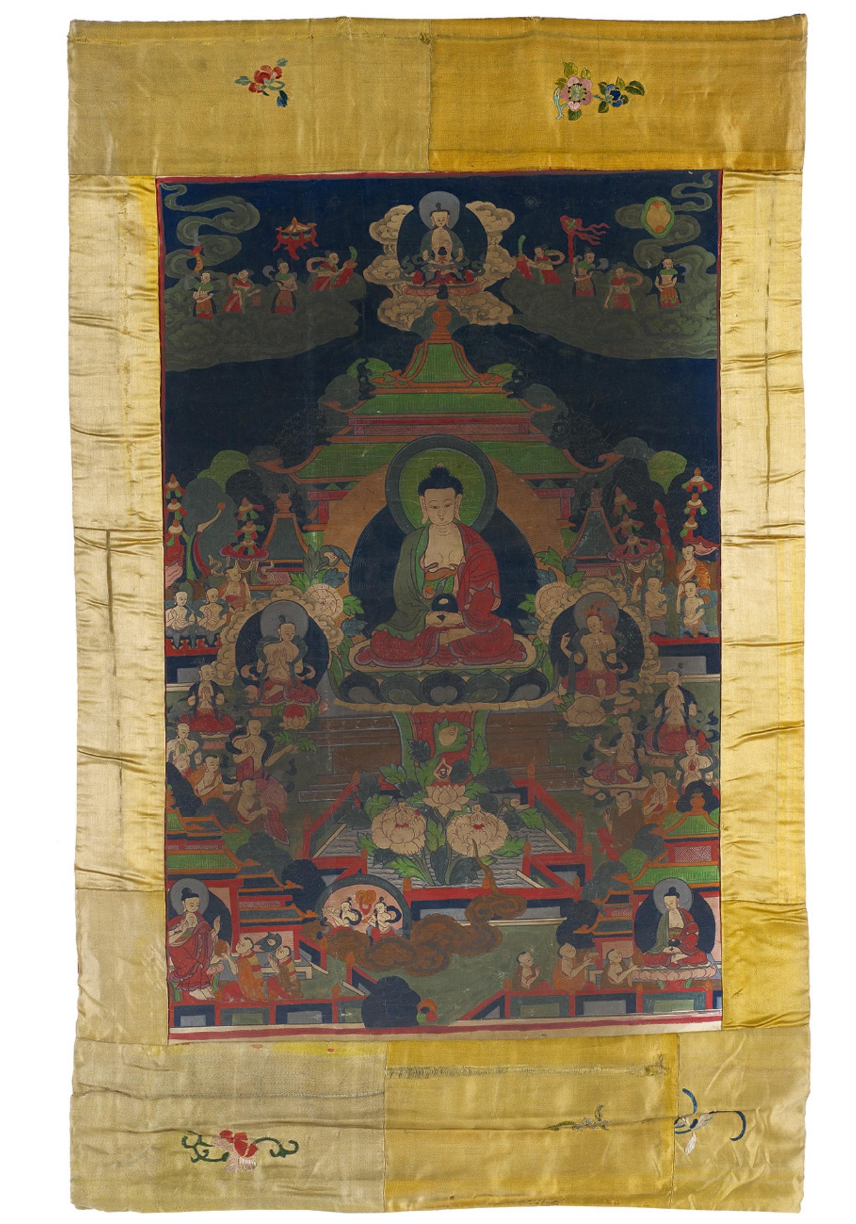 A Tibetan thangka of Buddha Amitabha in his paradise. Late 19th/early 20th century - image-1