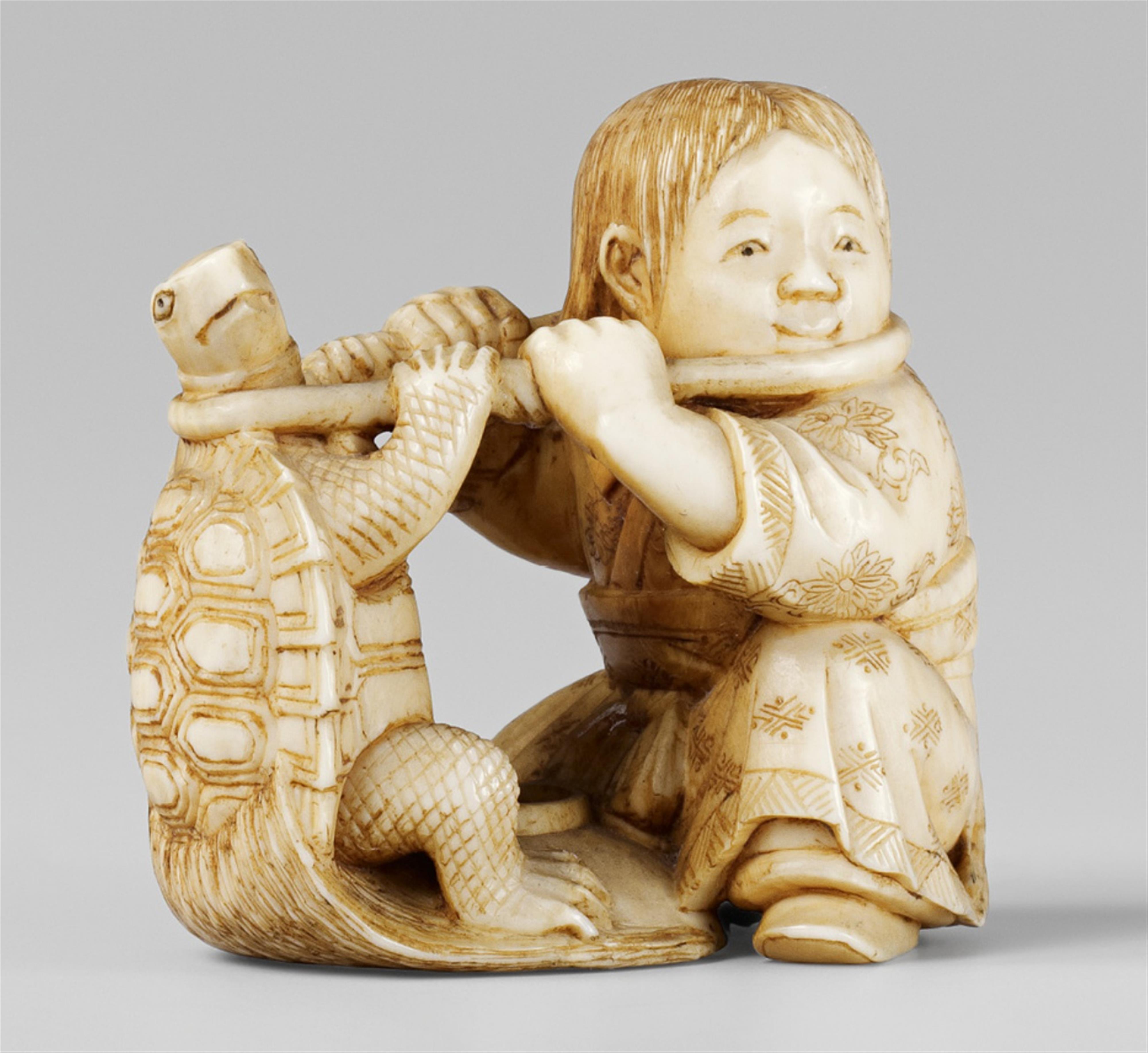 An ivory netsuke of a shôjô and a minogame, by Masamitsu. Late 19th century - image-1