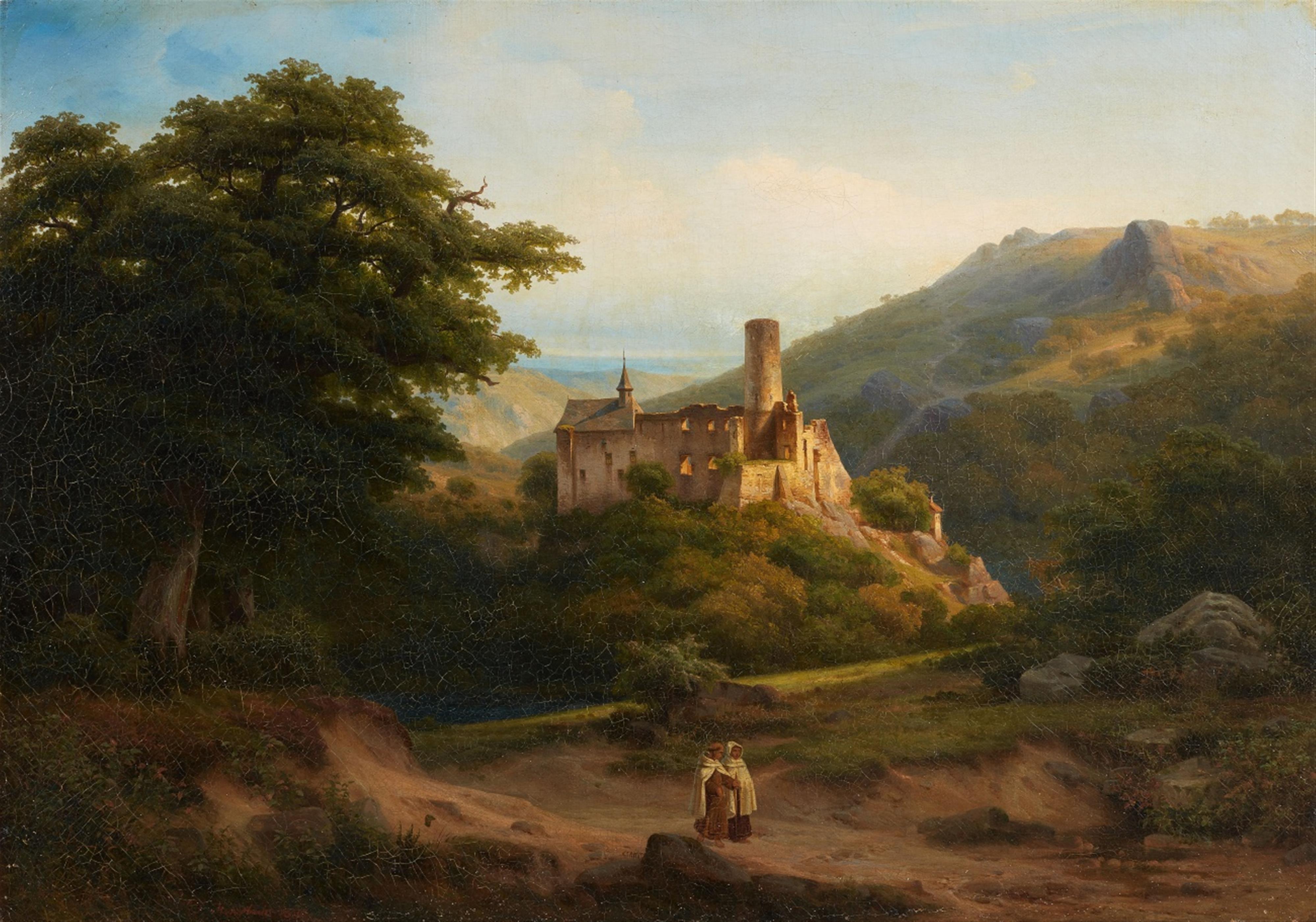 Franz Hengsbach - Mittelgebirgslandschaft mit Burgruine und zwei Mönchen - image-1