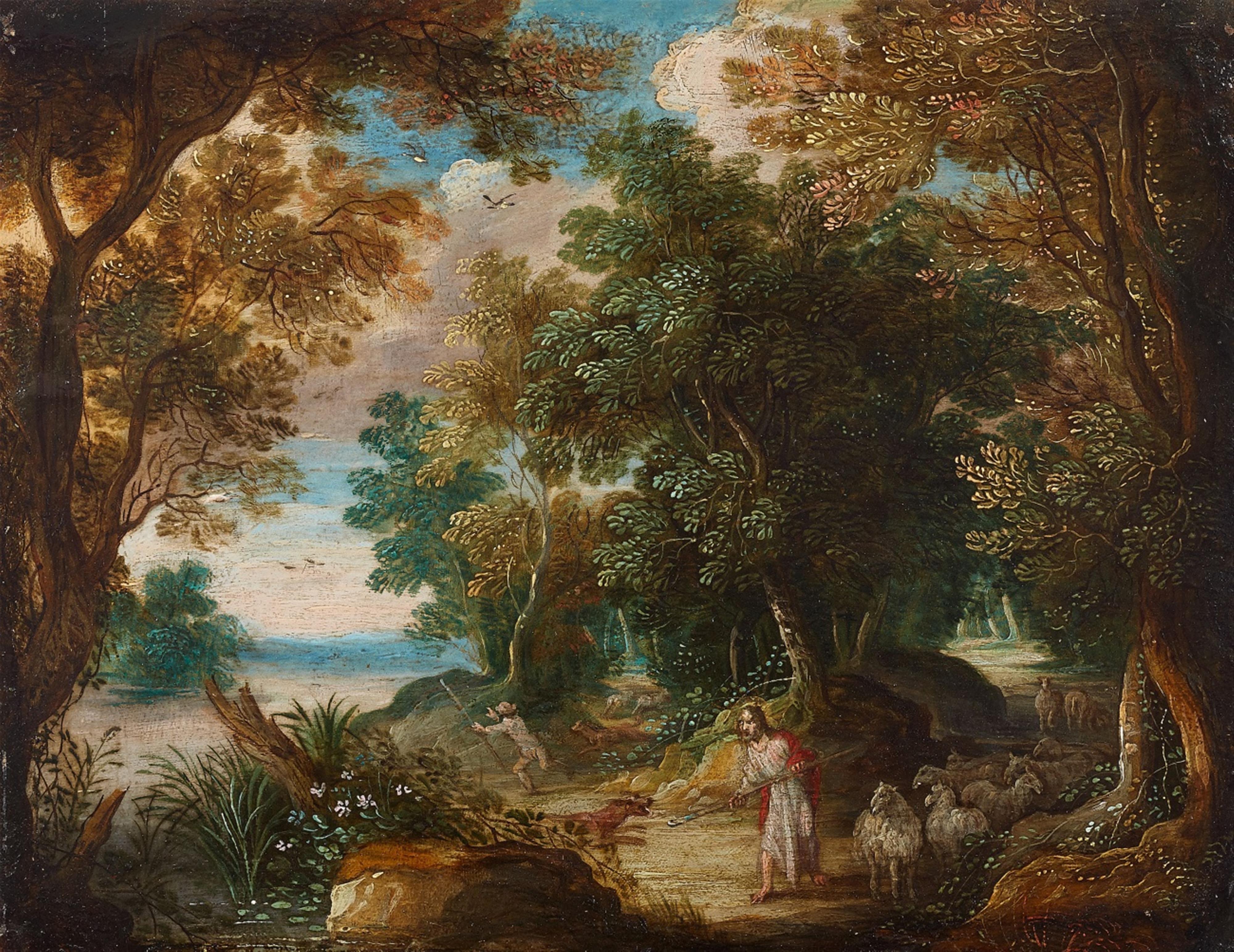 Flemish School 17th century - Wooded Landscape with the Parables of the Good and the Hireling Shepherd - image-1