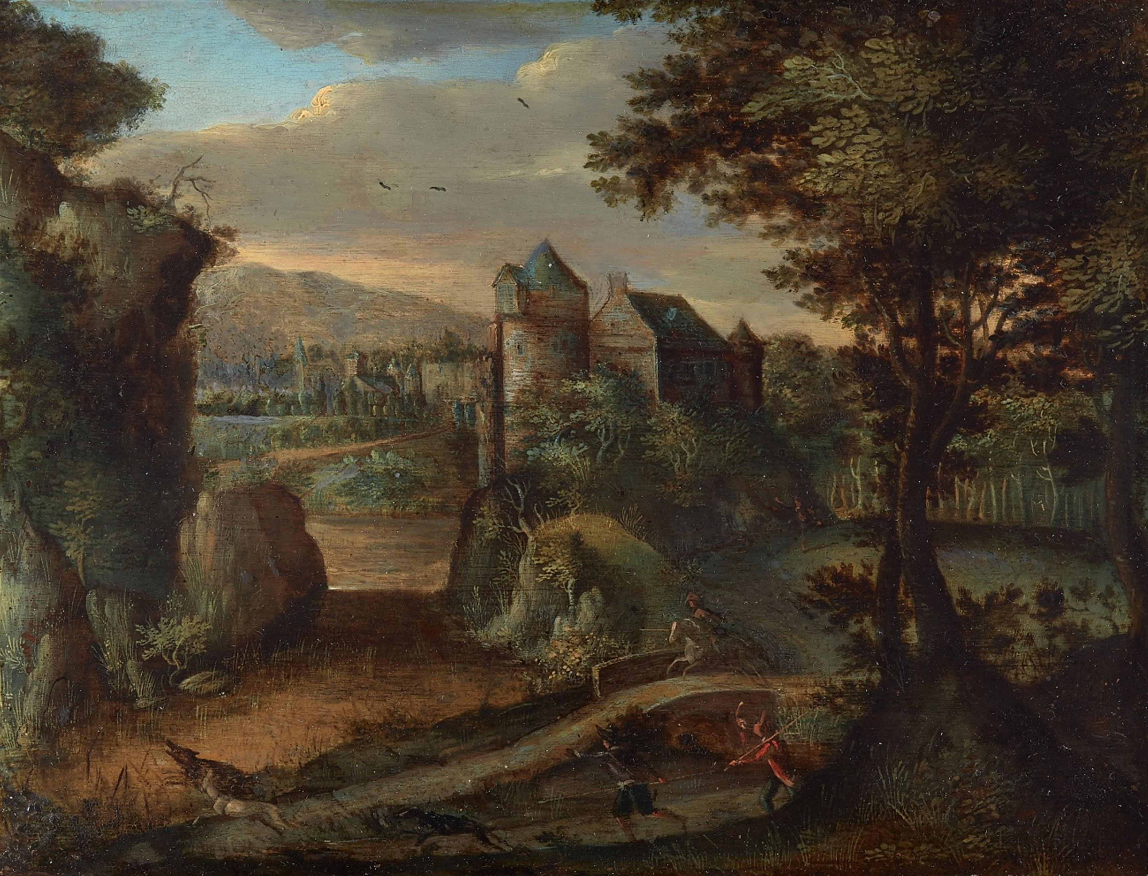 Flemish School 17th century - Landscape with a Castle and Hunters - image-1