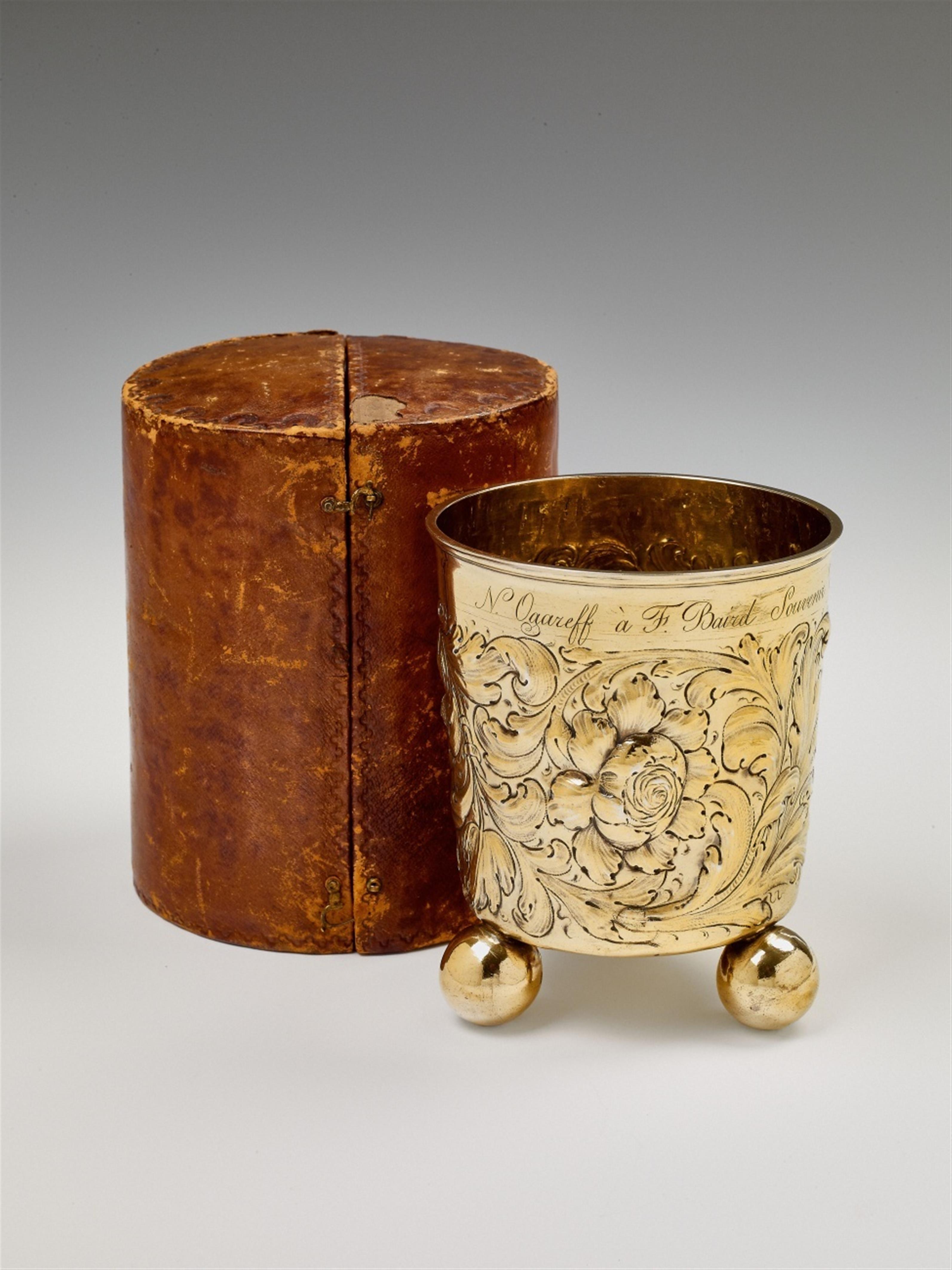 A Berlin silver gilt beaker in a leather case - image-1