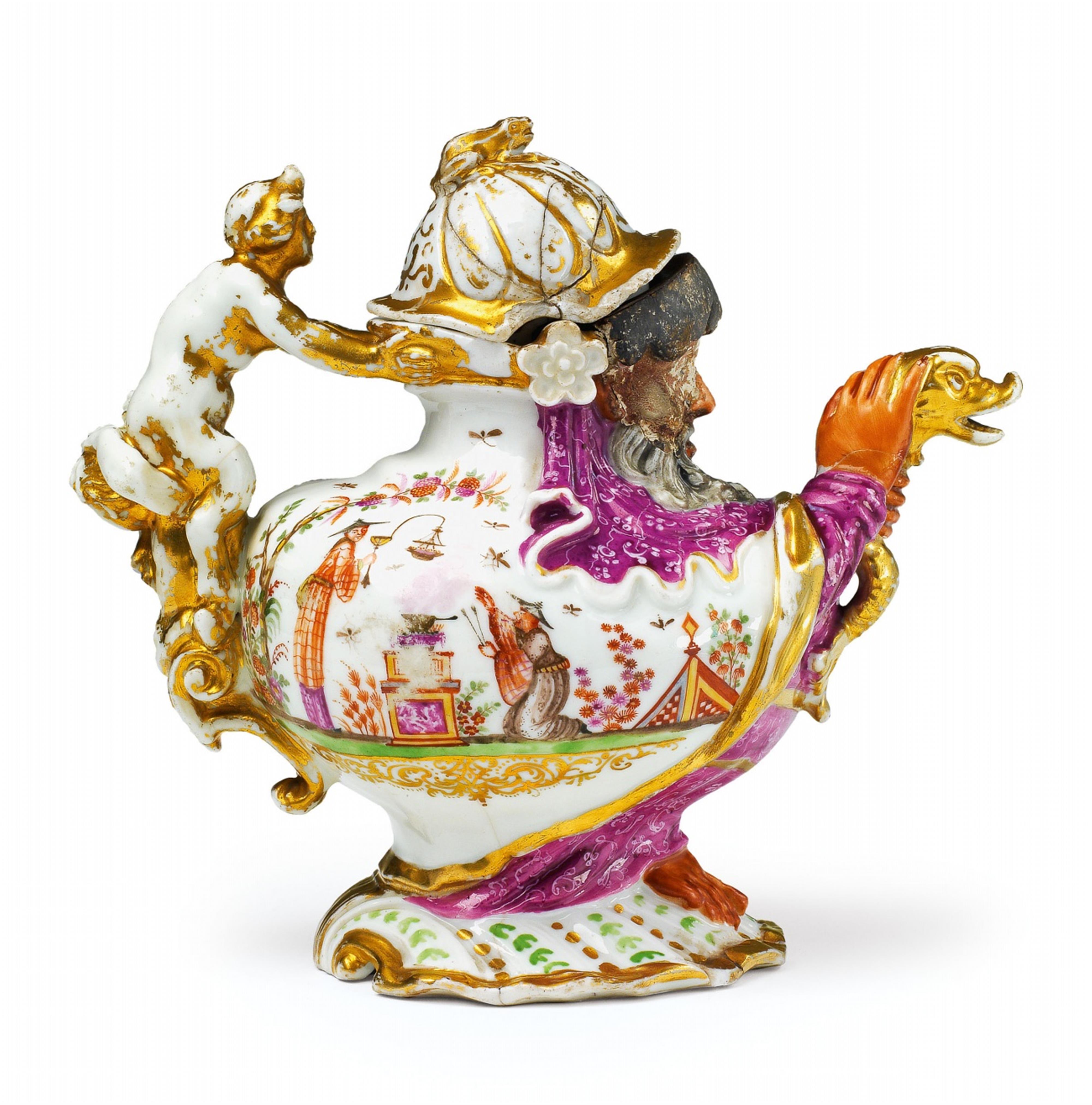 A rare Meissen porcelain grotesque-moulded teapot with "hausmaler" decor - image-1