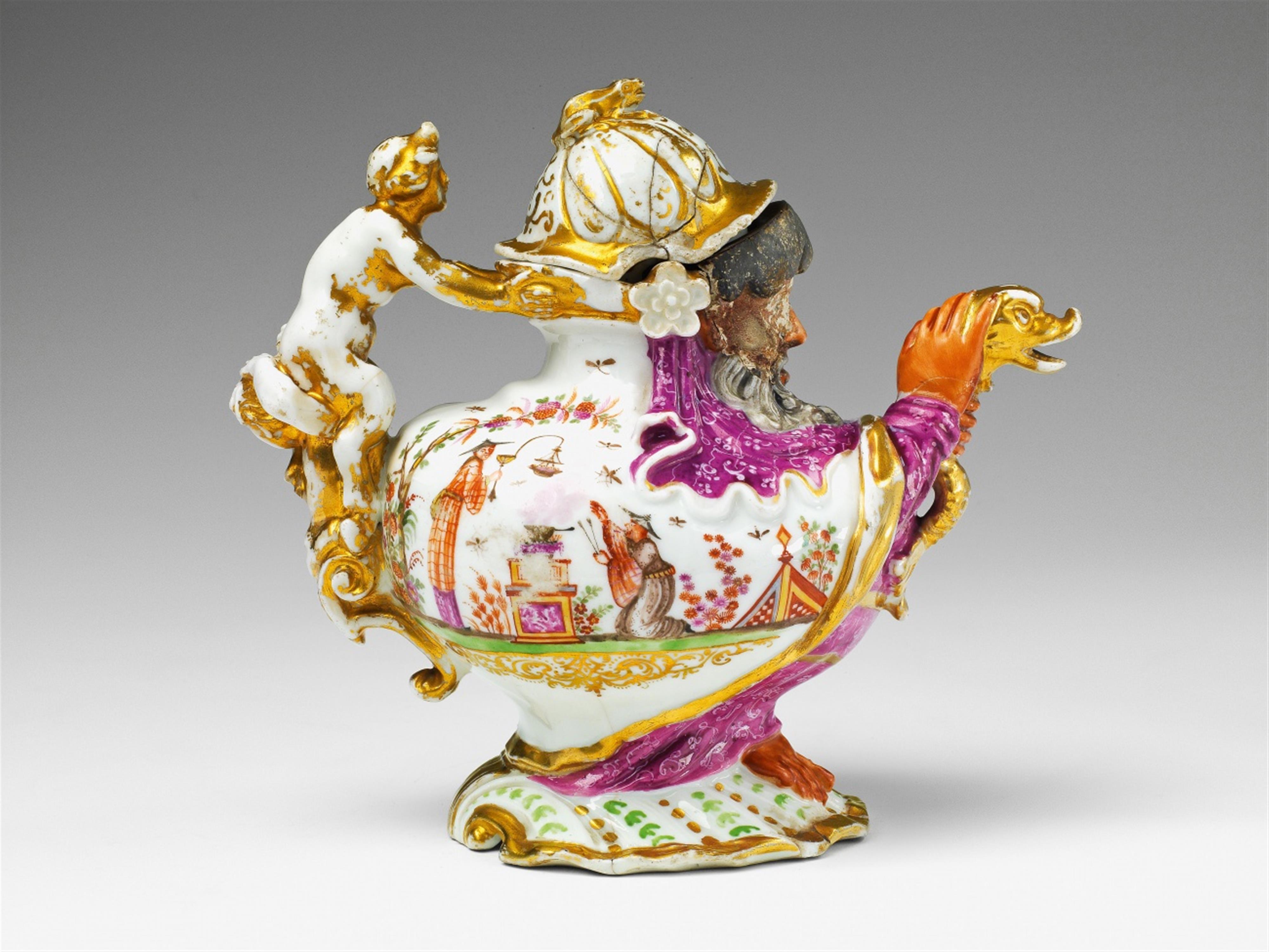 A rare Meissen porcelain grotesque-moulded teapot with "hausmaler" decor - image-5