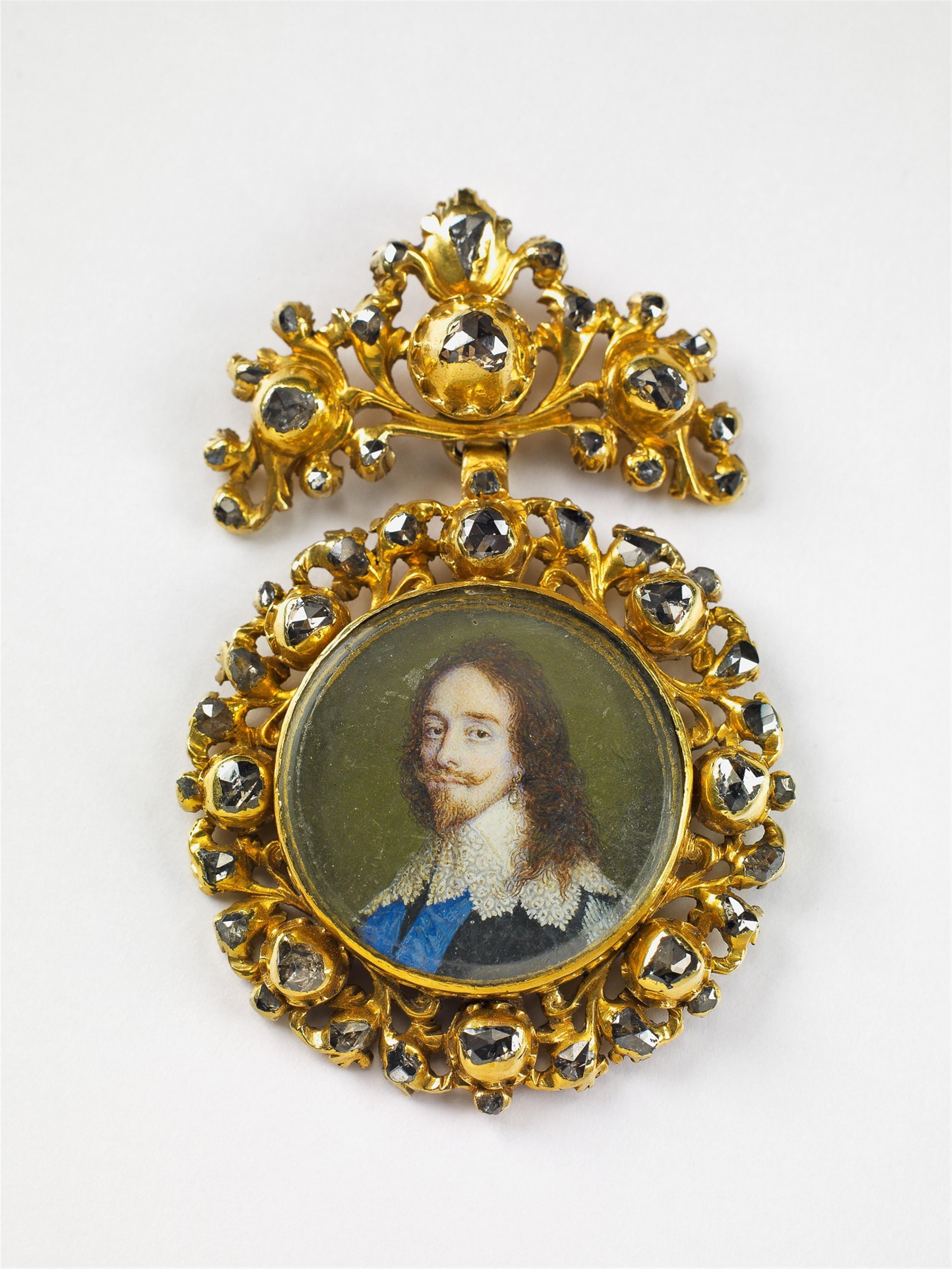 An 18k gold and diamond pendant with a portrait miniature of Charles I. - image-1