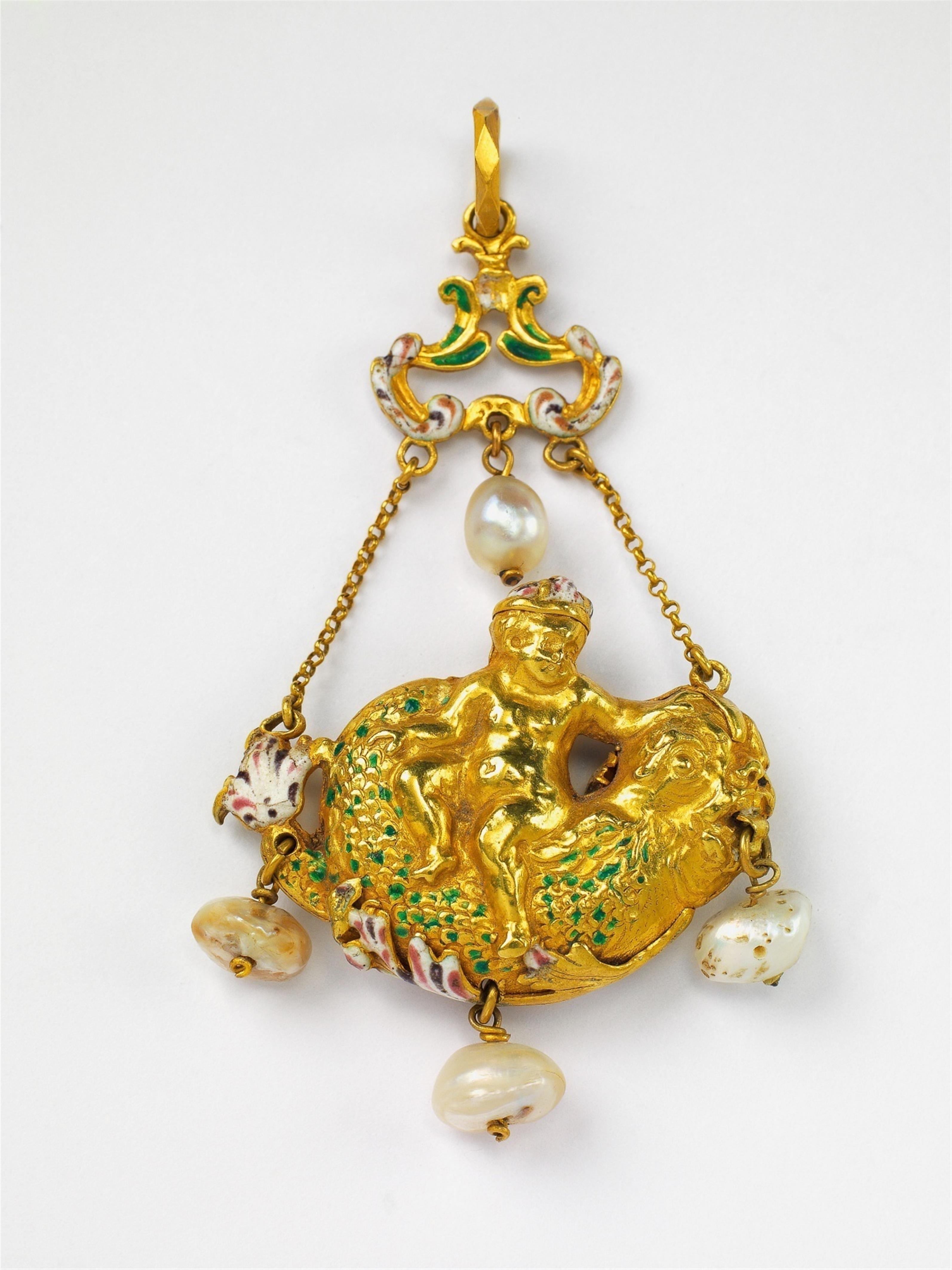 A Renaissance gold enamel and pearl dolphin pendant - image-1