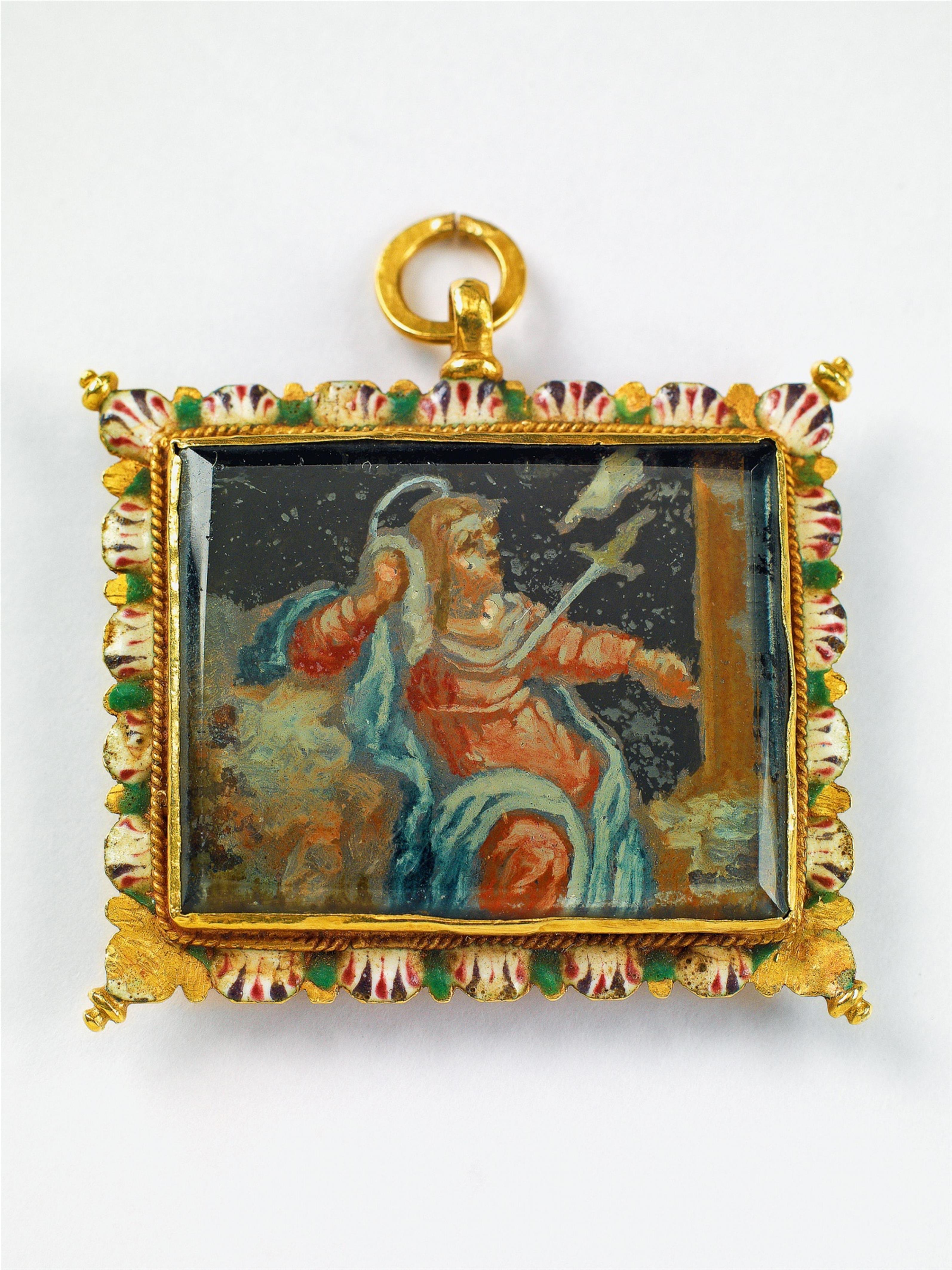 A Spanish gold, enamel and verre eglomisé religious pendant - image-2