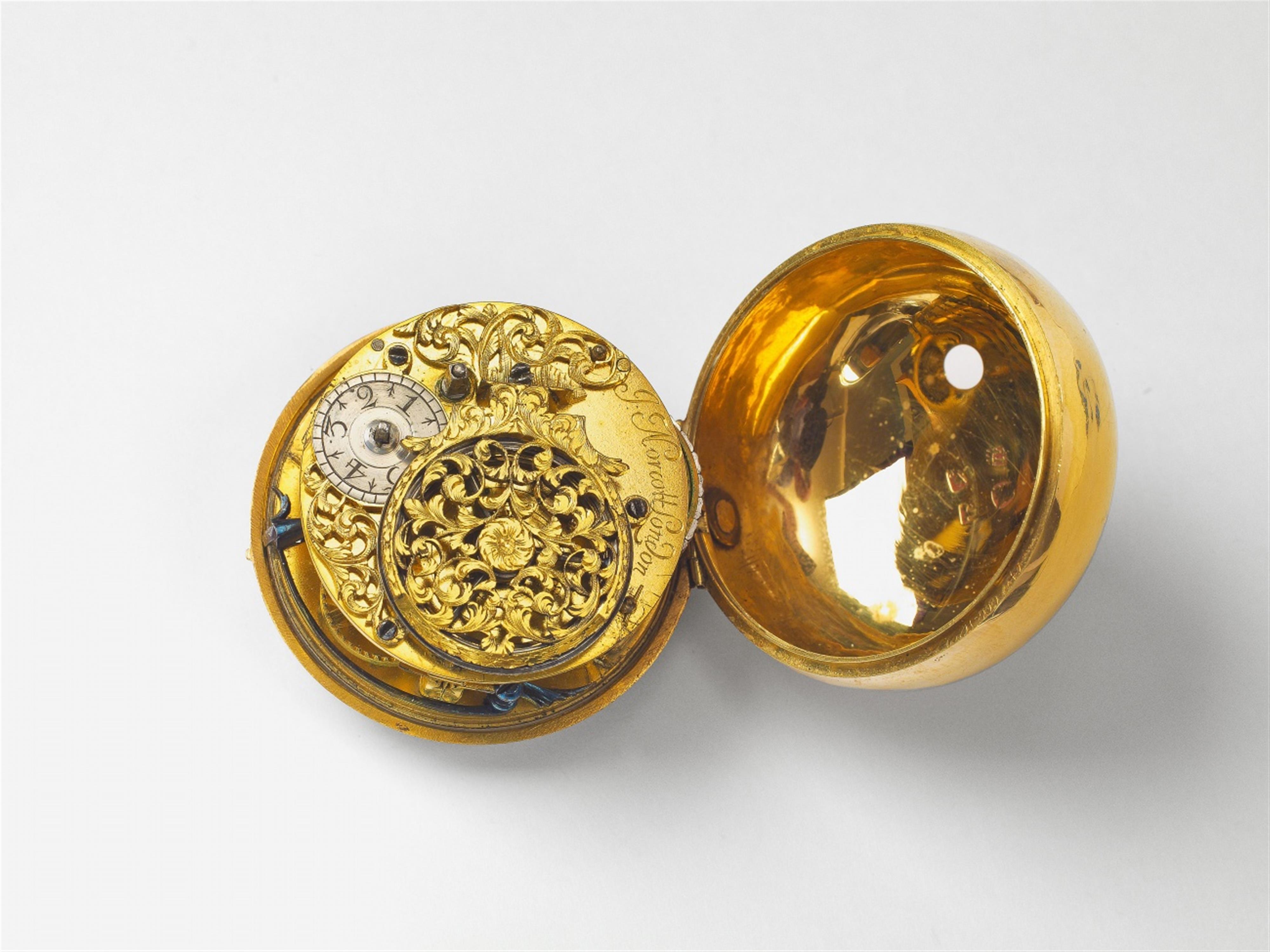 A British 22k gold and fire gilt repoussé two case George II openface pocketwatch with verge escapement - image-2