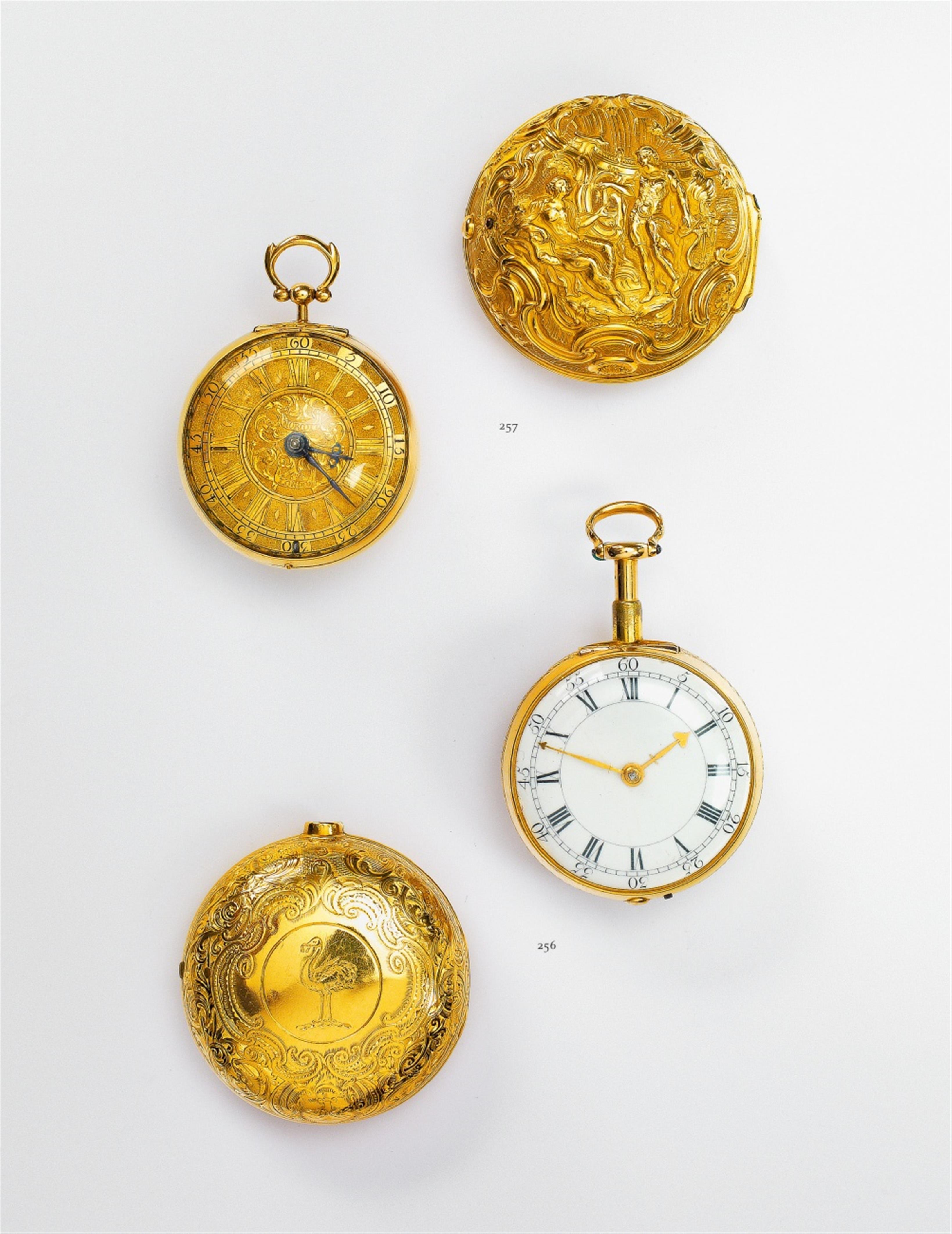 A British 22k gold and fire gilt repoussé two case George II openface pocketwatch with verge escapement - image-1