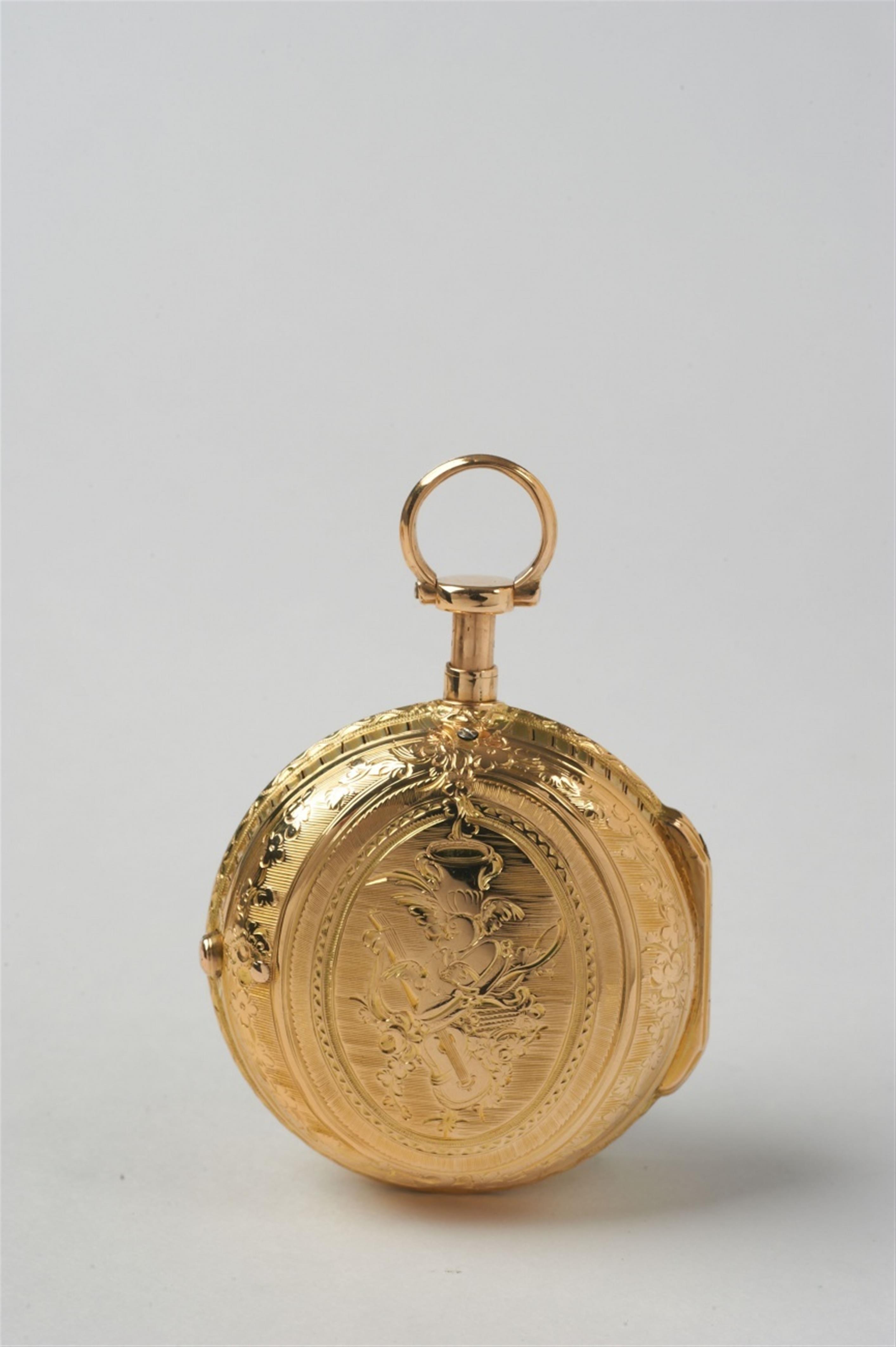 An 18k gold openface pocketwatch with cylinder escapement and repetition, attached a fire-gilt chateleine - image-2