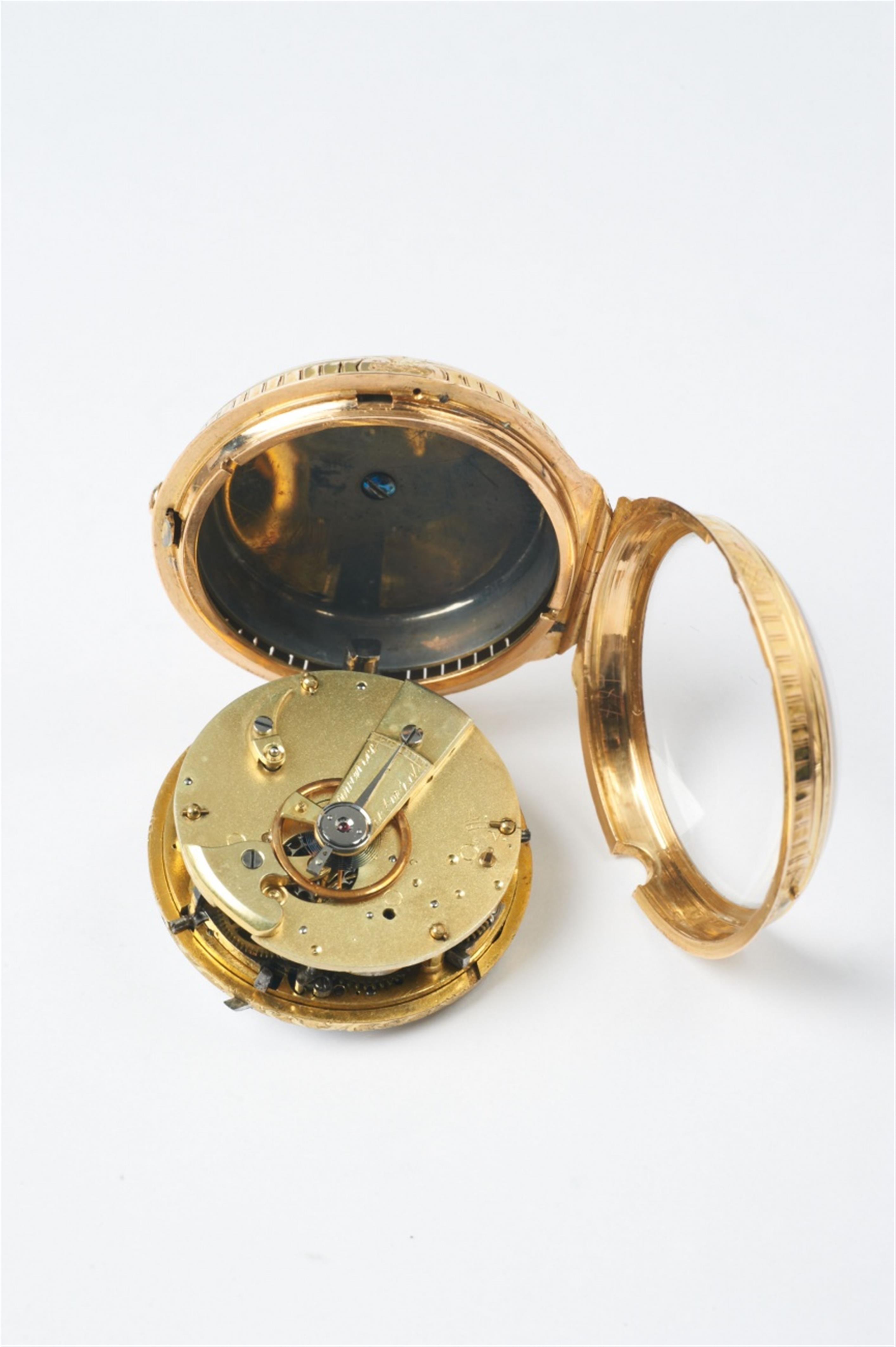 An 18k gold openface pocketwatch with cylinder escapement and repetition, attached a fire-gilt chateleine - image-3