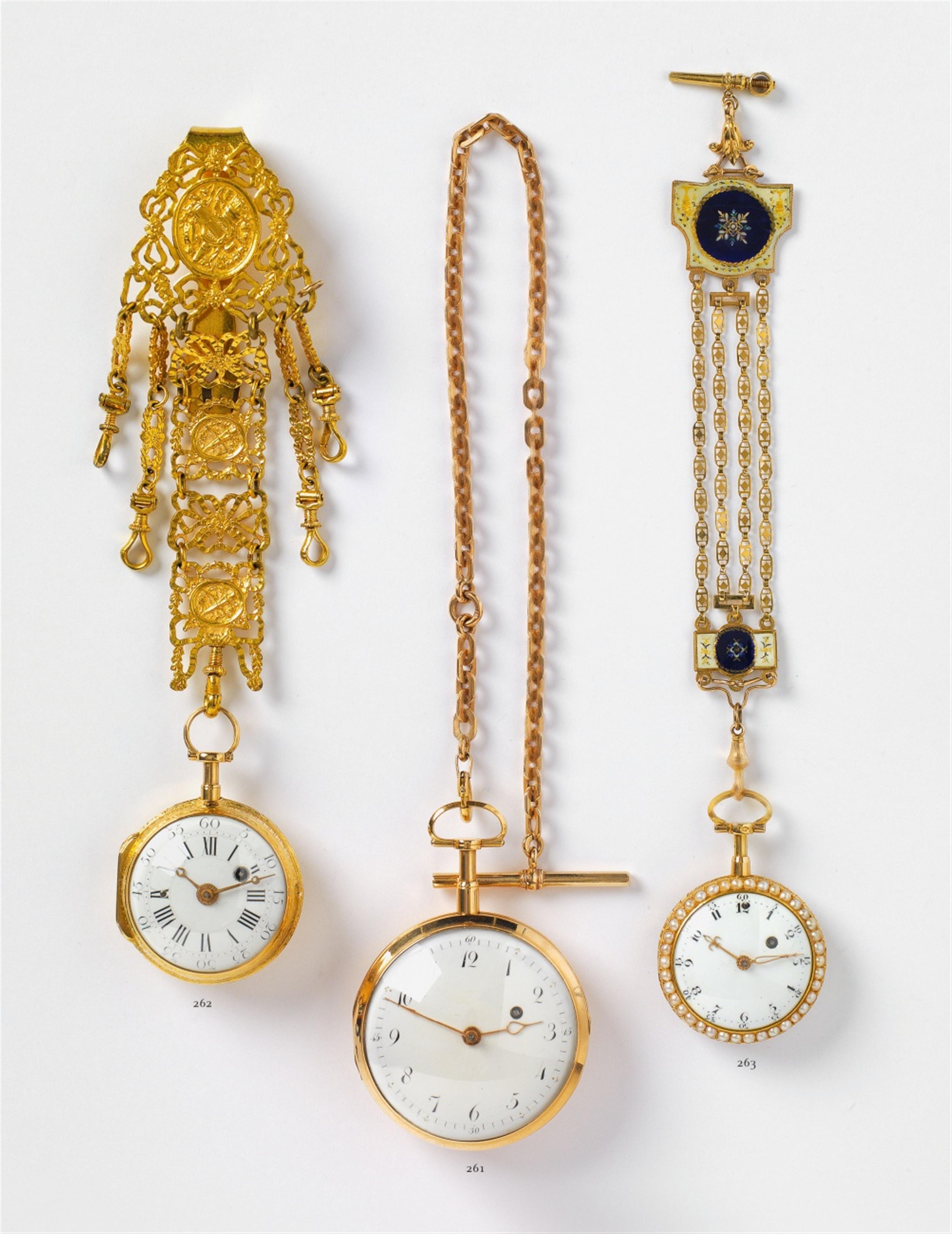 A Parisian 18k gold, enamel and pearl pendant watch with verge escapement and repetition. With a gold and enamel chatelaine. - image-1