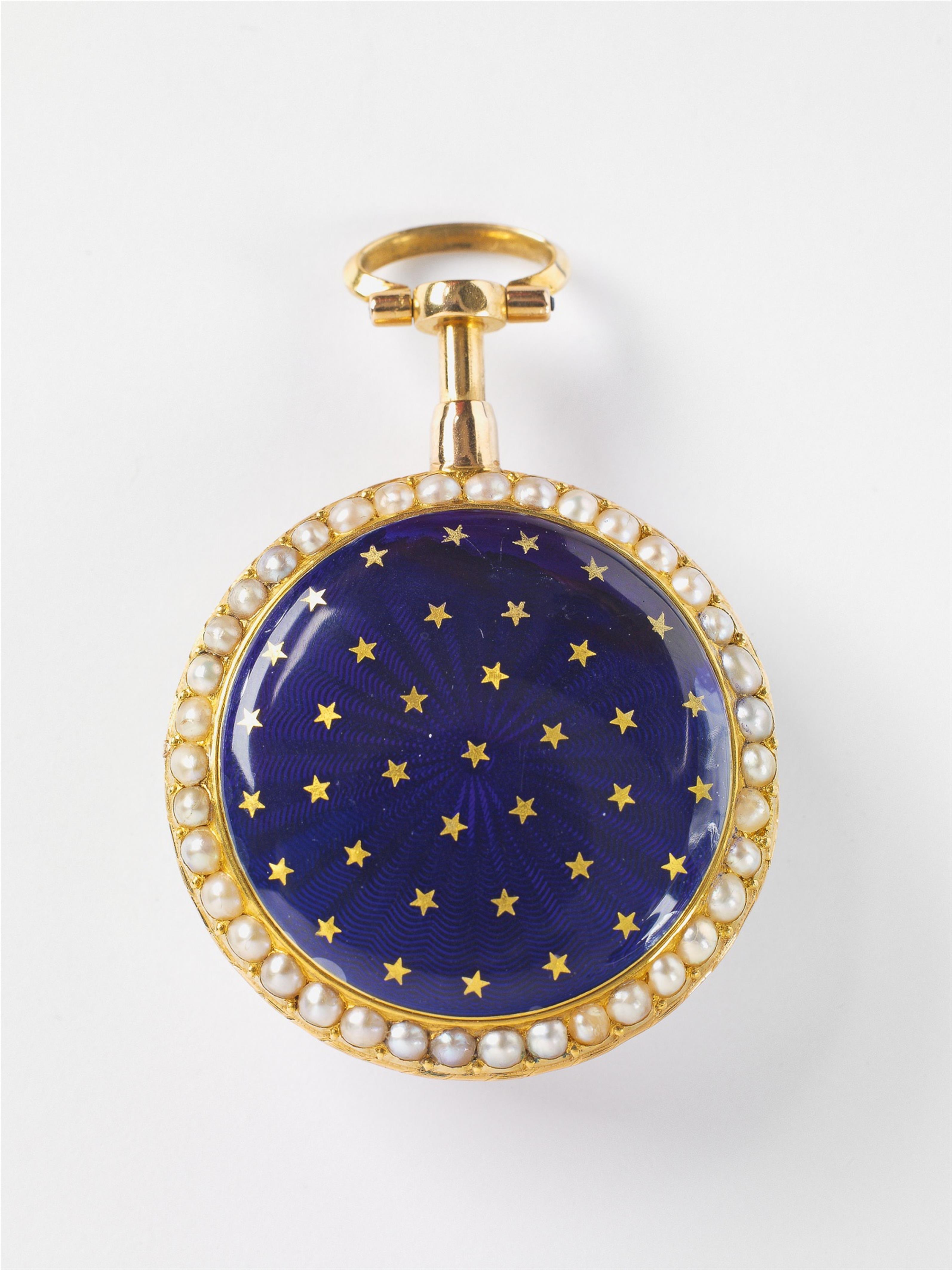 A Parisian 18k gold, enamel and pearl pendant watch with verge escapement and repetition. With a gold and enamel chatelaine. - image-2